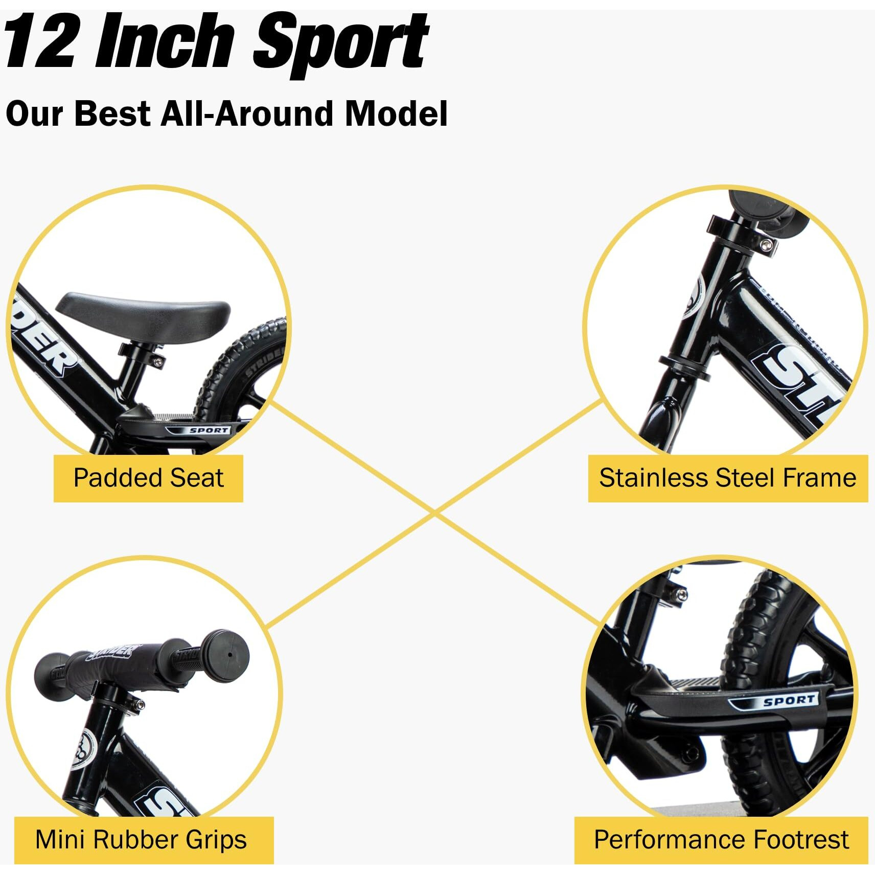 Strider 12  Sport Bike (Black) + Rocking Base - Helps Teach Baby How To Ride A Balance Bicycle - For Kids 0 To 4 Years - Easy Assembly & Adjustments