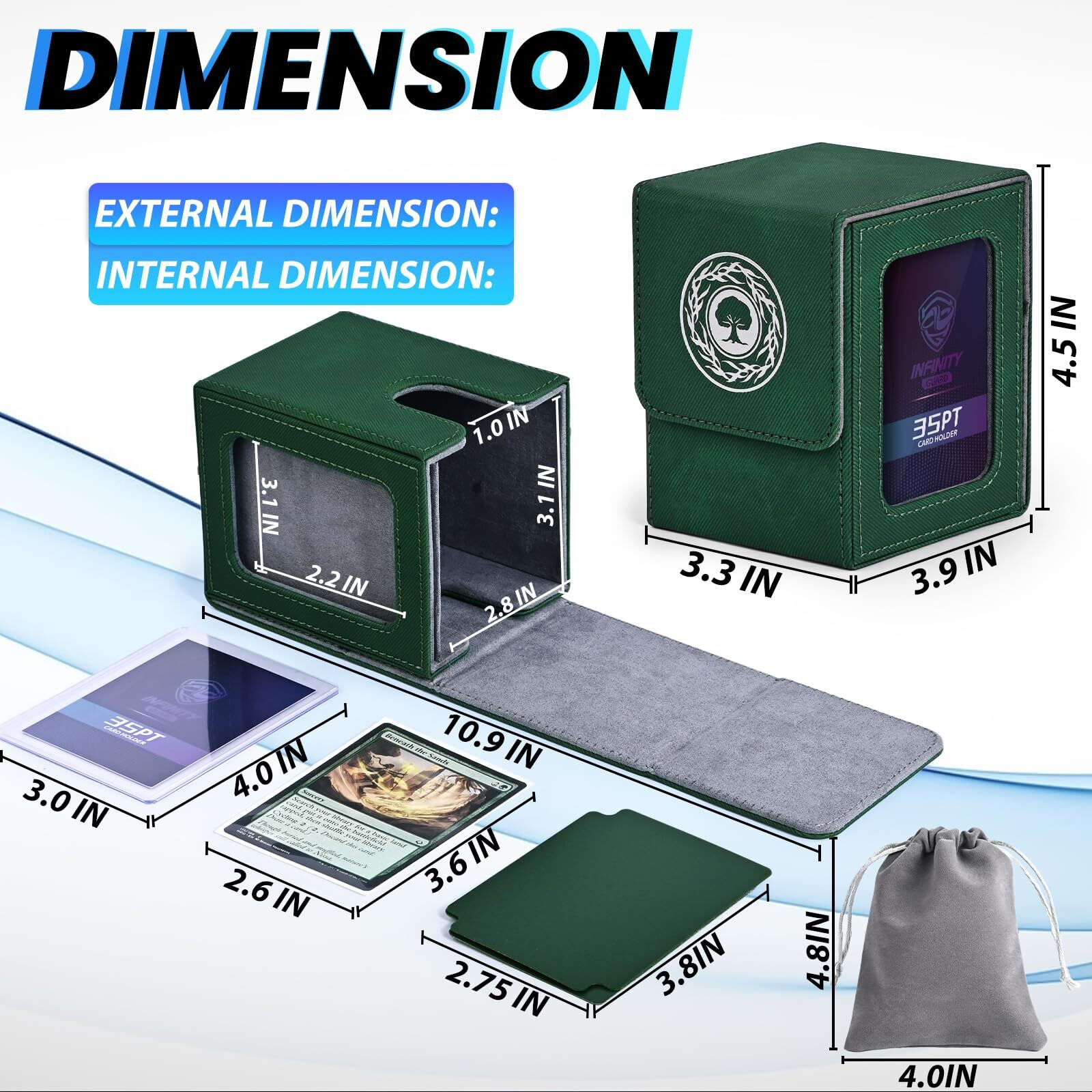 Infinity Guard Mtg Deck Box With Commander Display For 120+ Single Sleeved Cards  Denim Magnetic Card Storage Box Fits For Tcg Ccg Magic Cards (Ink&Green)