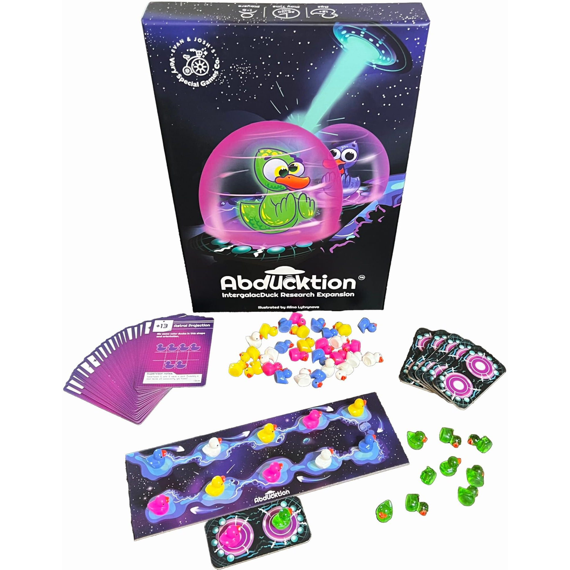 Abducktion - Intergalacduck Research Expansion Pack  25-30 Minutes  Additional Cards  2 More Boards For Up To 6 Players  And Glitter Ducks