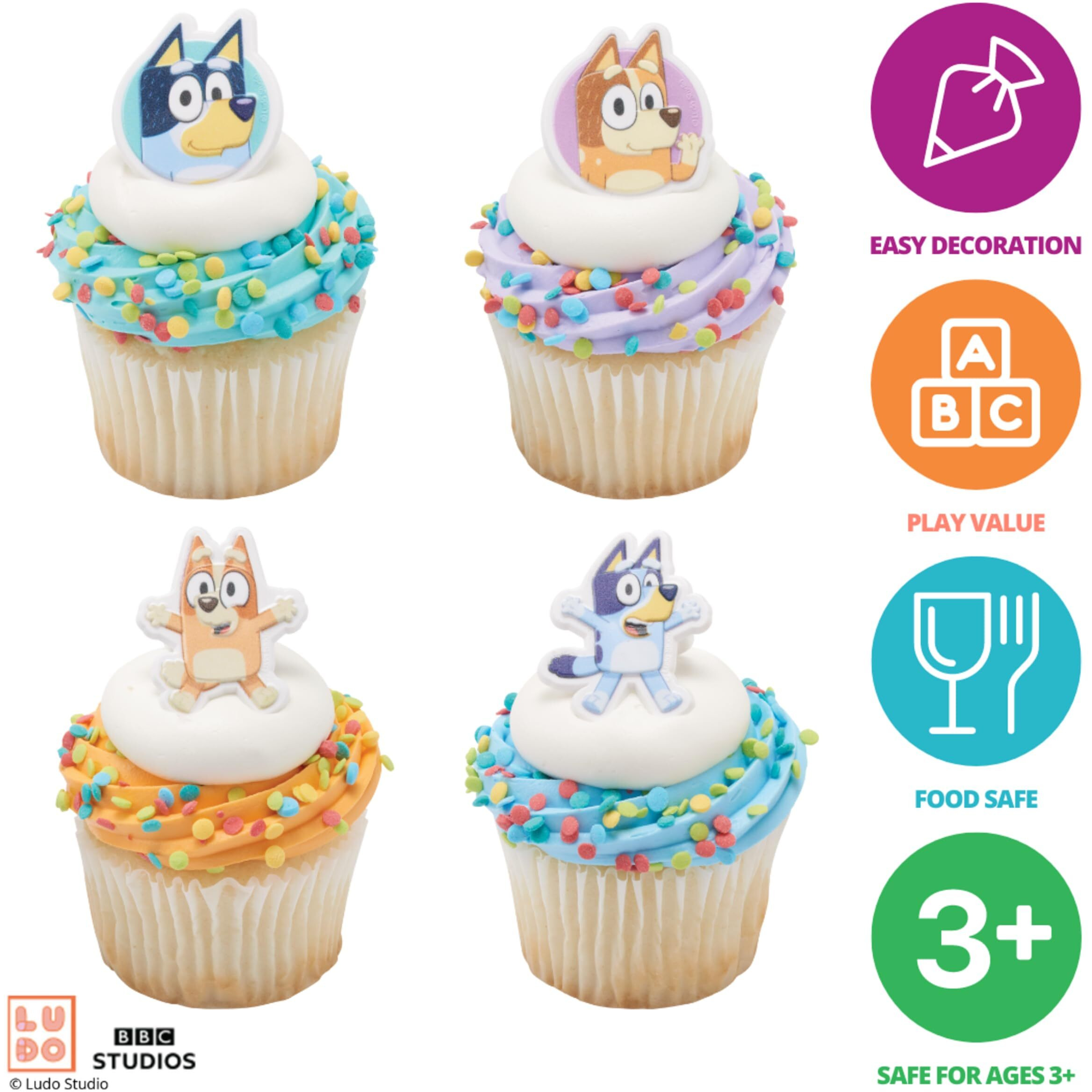 Decopac Bluey So Much Fun Rings  24 Cupcake Decorations Featuring Bluey  Bingo  Bandit  And Chilli  3D Food Safe Cake Toppers - 24 Pack