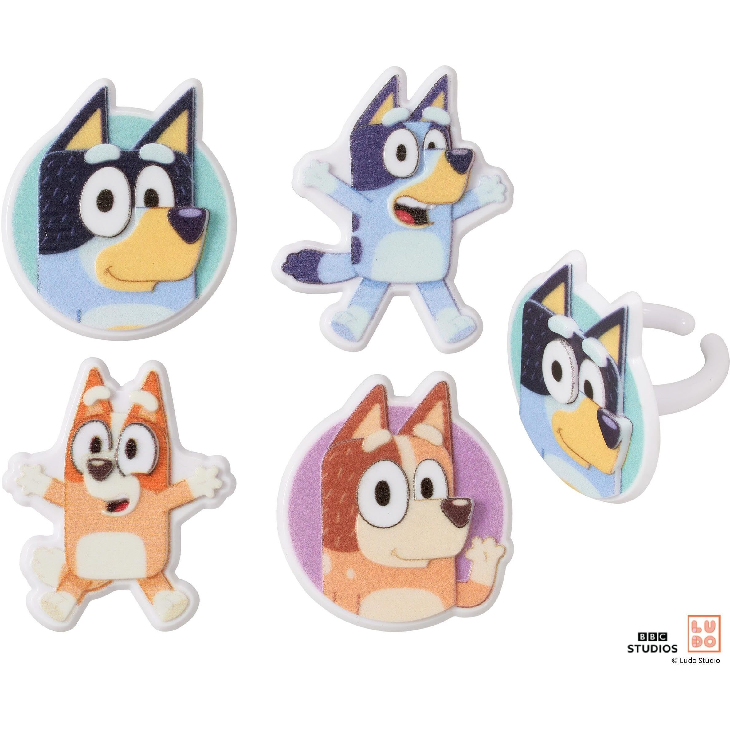 Decopac Bluey So Much Fun Rings  24 Cupcake Decorations Featuring Bluey  Bingo  Bandit  And Chilli  3D Food Safe Cake Toppers - 24 Pack
