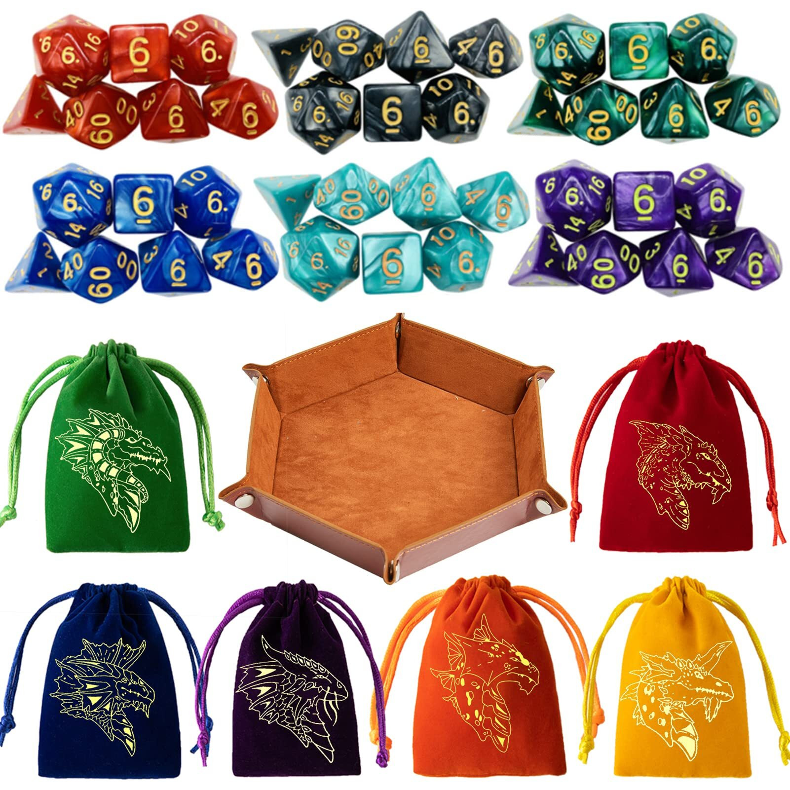 Dnd Dice Set 42 Pcs Polyhedral Dungeons And Dragons Rolling Dice For D&D Rpg Mtg Table Games Dice Bulk With Colorful Drawstring Bags And Dice Tray (Single)