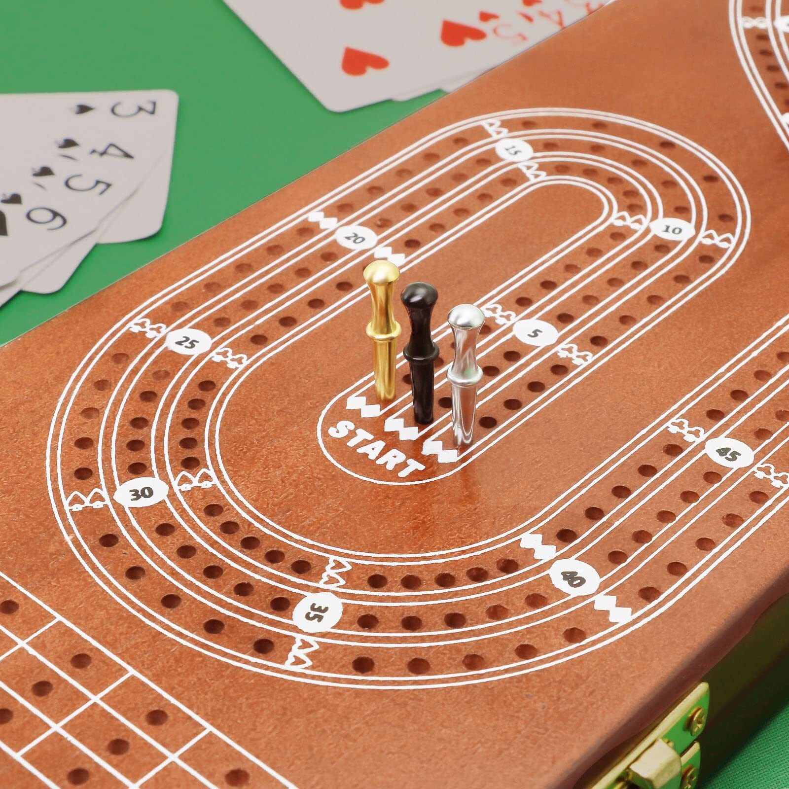 Cribbage Board Game Set 3 Tracks  Plusvivo Solid Oak Wood Cribbage Boards Unique With 9 Metal Pegs & 2 Storage Area  15.5 X 4.9 X 1.2 In Travel Portable Cribbage Game Sets For Family