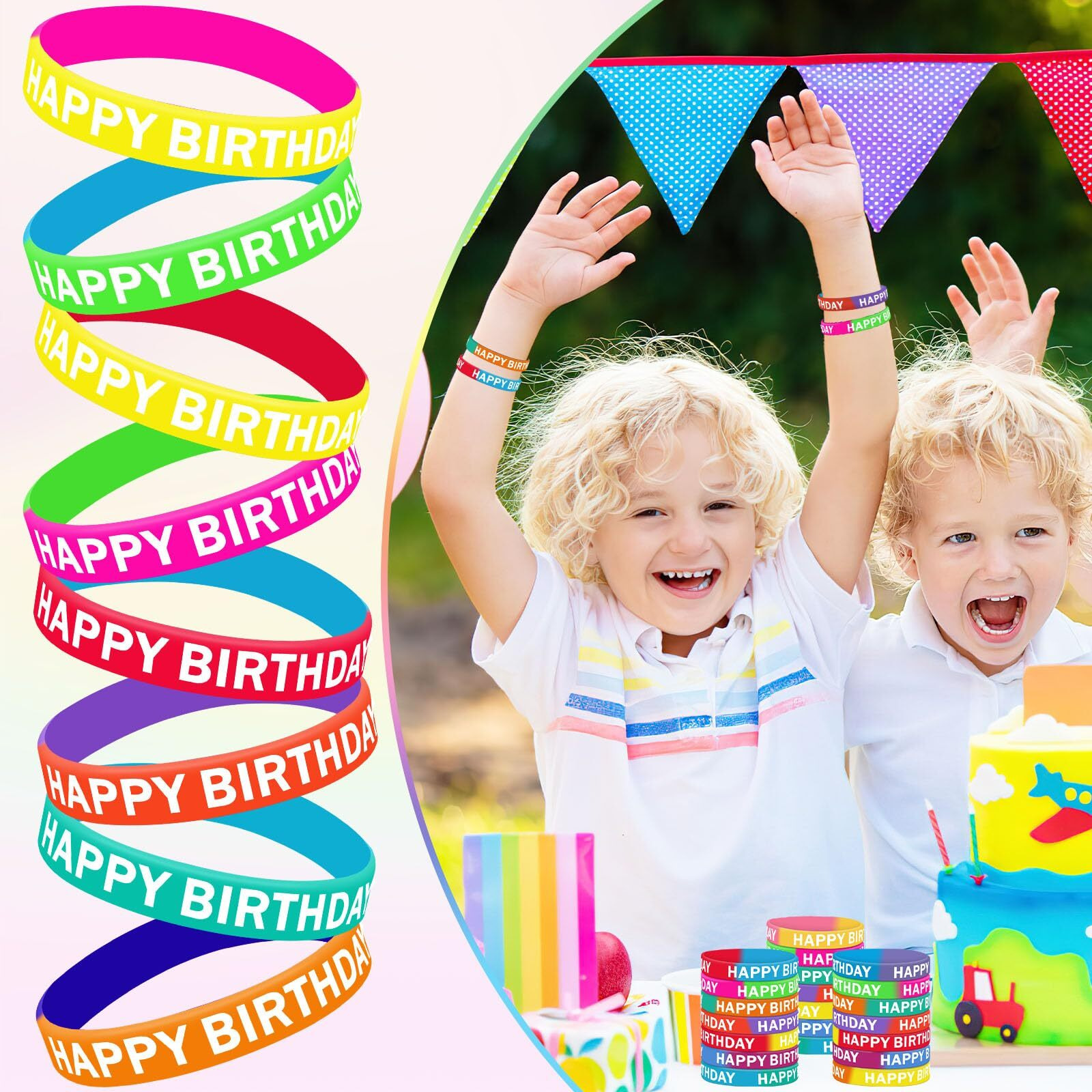 Junebrushs 42Pcs Happy Birthday Silicone Bracelets Colored Rubber Wristbands Accessories For Students Teachers Classroom Reward Gifts Birthday Treat Decorations Party Favors Supplies(21 Designs)