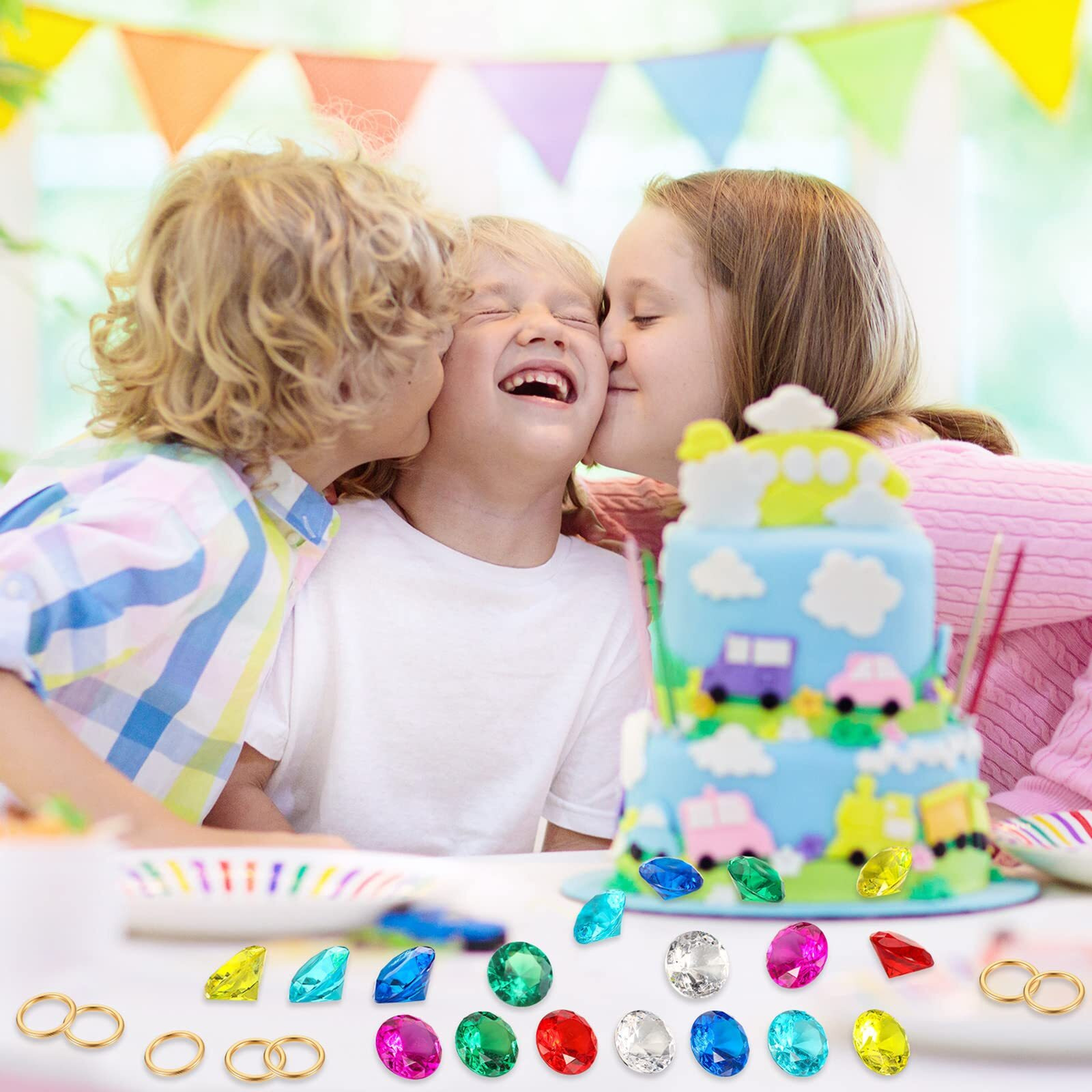 Zcysrlqin 12 Pcs Chaos Emeralds Gold Round Ring Set Acrylic Diamond Gemstone Jewelry Alloy Party Hunting Cake Ornament Blue Hedgehog Chaos Emerald Power (Classical 0.63 X 0.79 Inches)