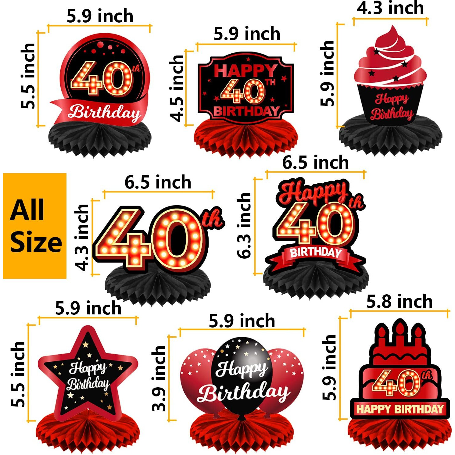 Happy 40Th Birthday Red And Black Table Honeycomb Centerpieces Balloons Theme Decor Table Decorations Table Toppers For Girls Women Princess 40 Years Old Birthday Party Bday Supplies Background Gold