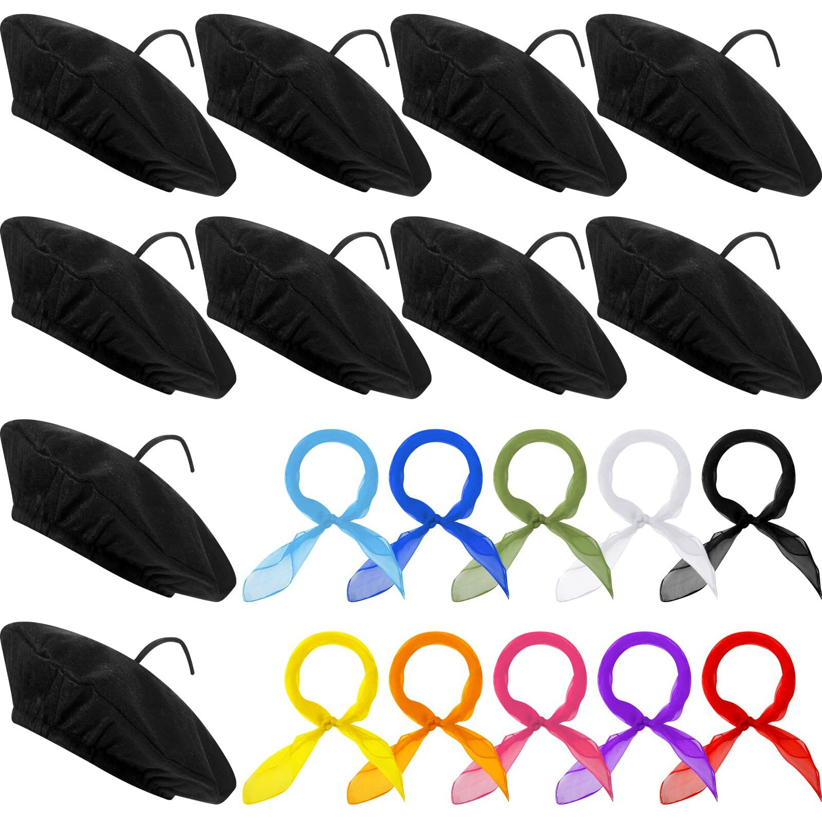 Laumoi 20 Pcs Halloween Party Berets For Kids French Beret Bulk Hat Artist Beanie With Color Neck Scarf For Cosplay Decorate(Fresh Colors)