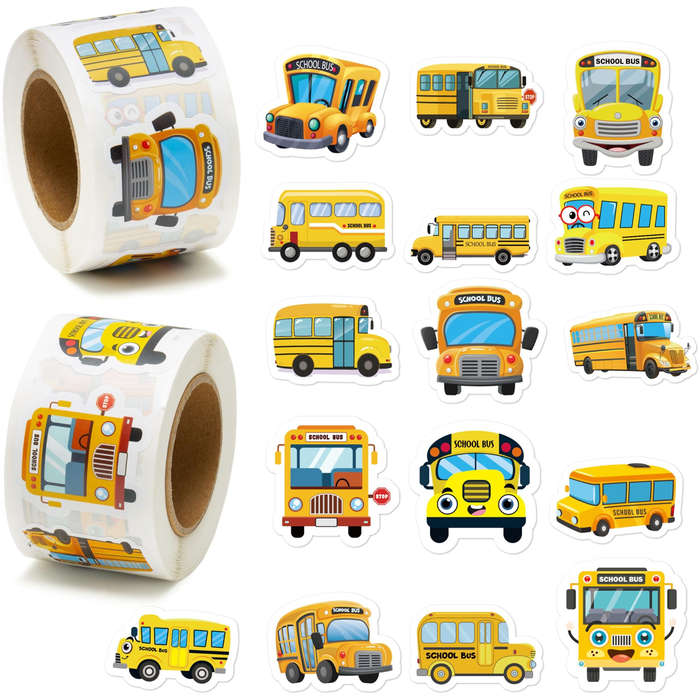 Beyumi School Bus Roll Stickers - 1000Pcs School Bus Stickers In 2 Rolls Back To School Waterproof Vinyl Cartoon Transportation Decals For Laptop Bottle Notebook Luggage Computer Classroom Decor Kids