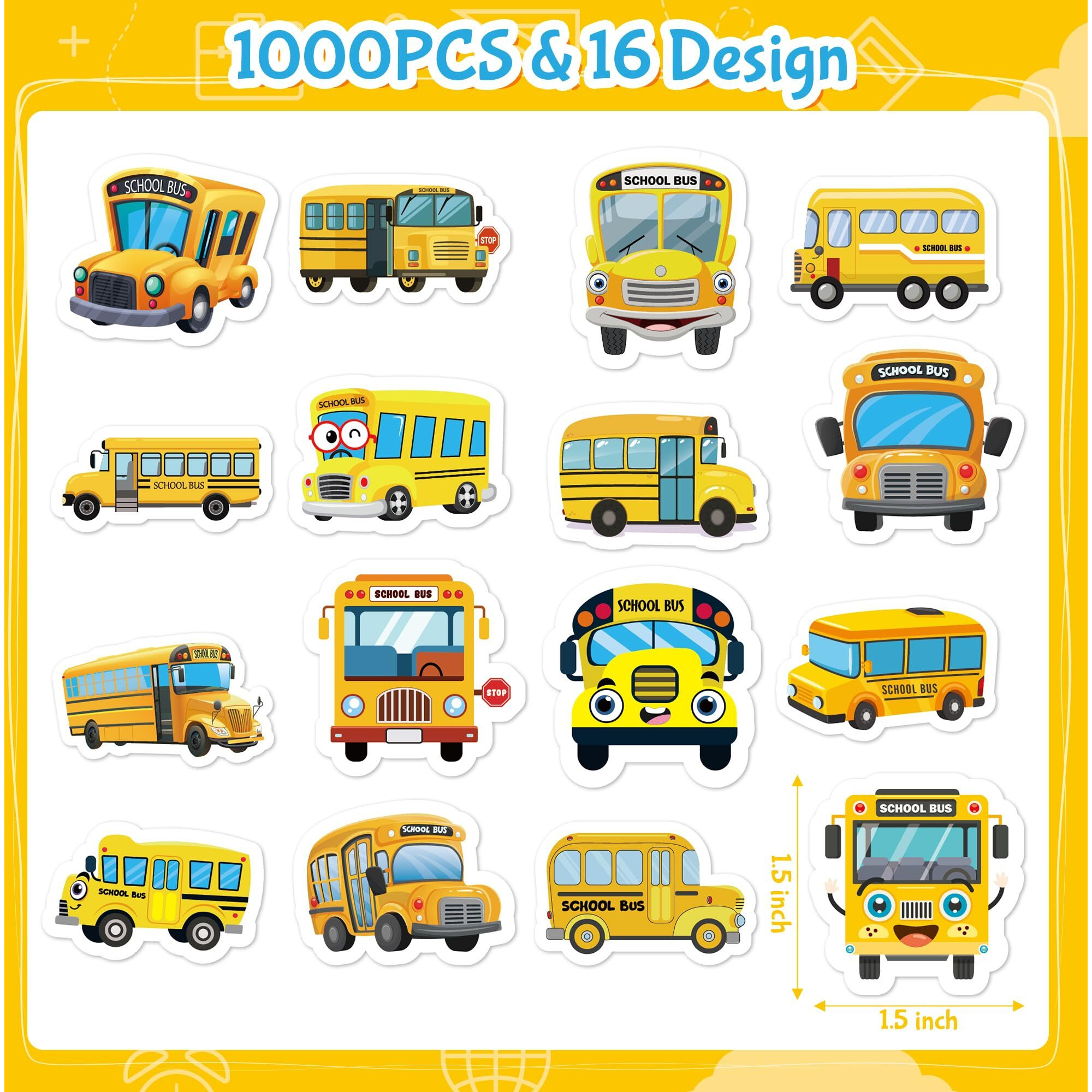Beyumi School Bus Roll Stickers - 1000Pcs School Bus Stickers In 2 Rolls Back To School Waterproof Vinyl Cartoon Transportation Decals For Laptop Bottle Notebook Luggage Computer Classroom Decor Kids