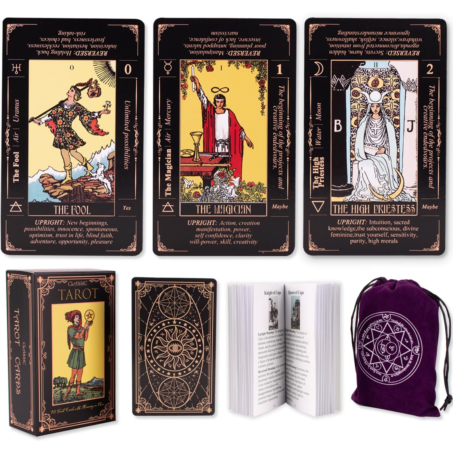 Kledery Tarot Cards For Beginners  Classic Tarot Cards With Meanings On Them  Durable Tarot Cards With Guide Book For Beginners (Black)