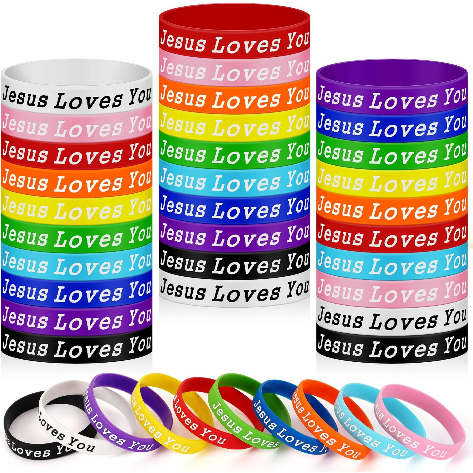 Junebrushs 42Pcs Jesus Loves You Silicone Bracelets Bulk Colorful Christian Jesus Rubber Wristbands For Men Women Party Favors Gifts Supplies