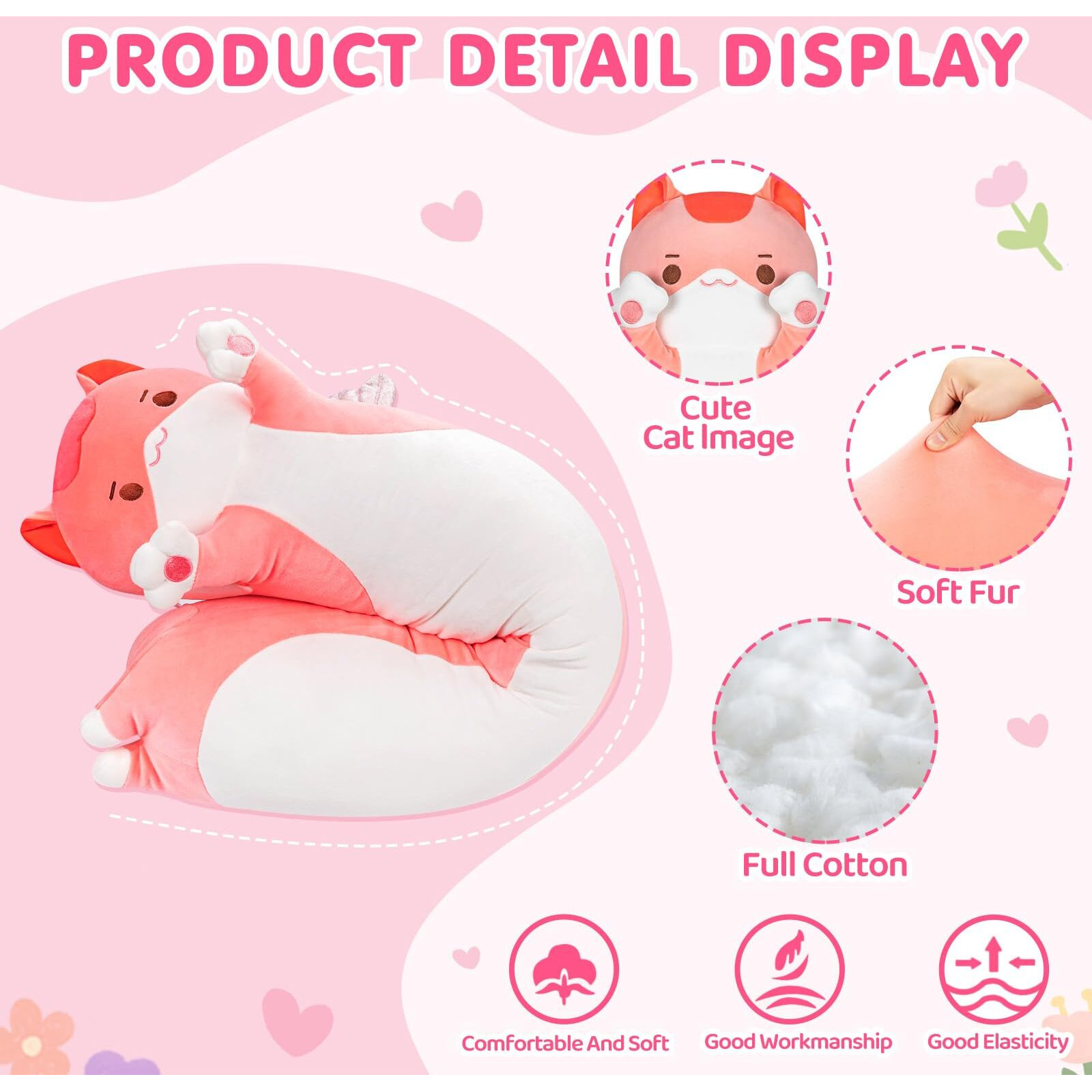 Caaaat Long Cat Plush  Cute Cat Stuffed Animals Soft Plushies  Kitten Kawaii Kids Plush Cat Body Pillow Doll Plush Toys For Girls (Pink Cat 28 Inch)