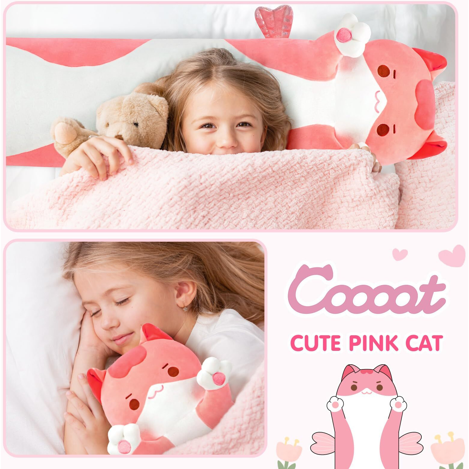Caaaat Long Cat Plush  Cute Cat Stuffed Animals Soft Plushies  Kitten Kawaii Kids Plush Cat Body Pillow Doll Plush Toys For Girls (Pink Cat 28 Inch)