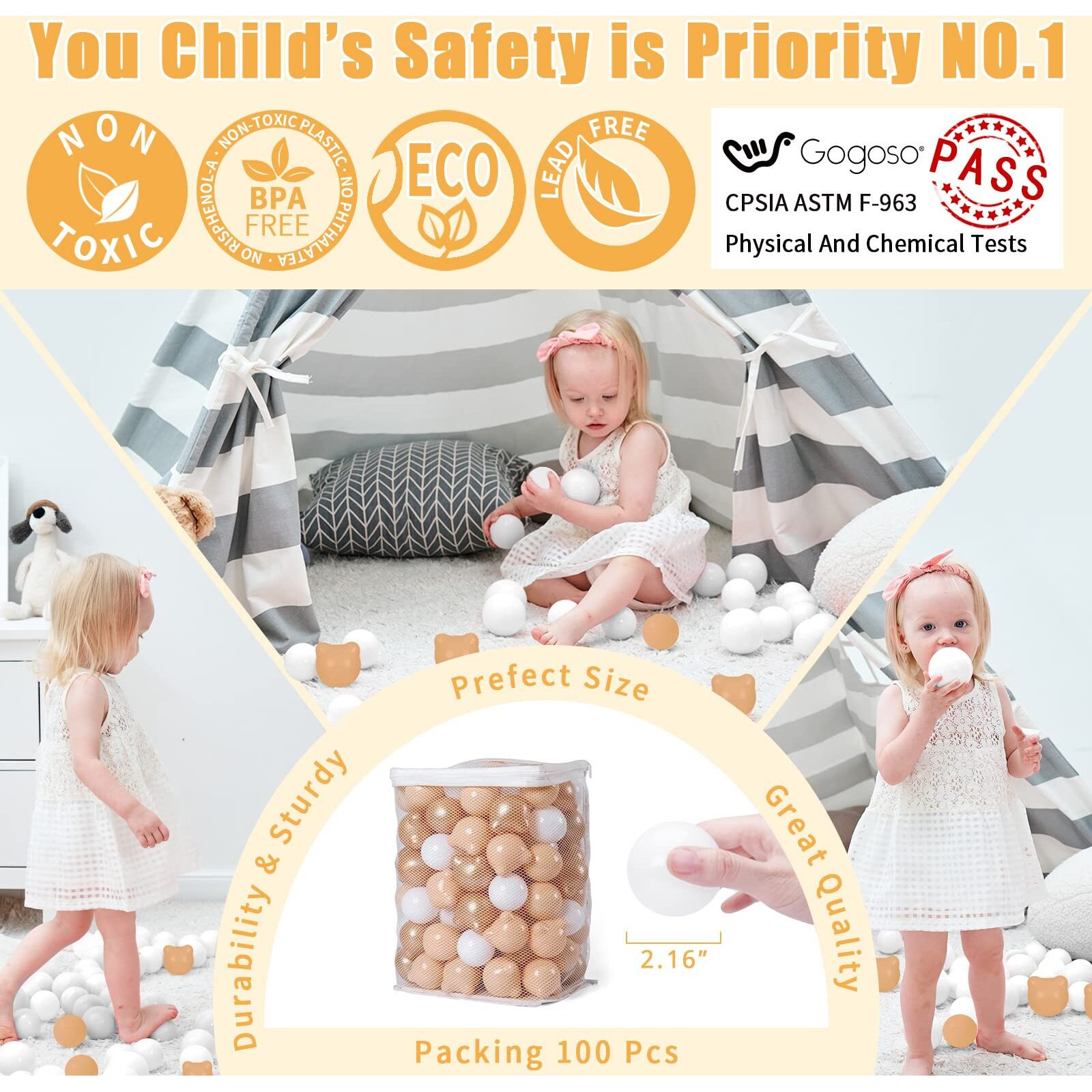 Gogoso Bear Ball Pit Balls Shapes -Bpa Free Fun Balls Crush Proof Pool Balls Toy For Baby Boys Girls Playhouse Pool Birthday Party Decoration Pearl Brown+Beige+White 100Pcs 1 Sets