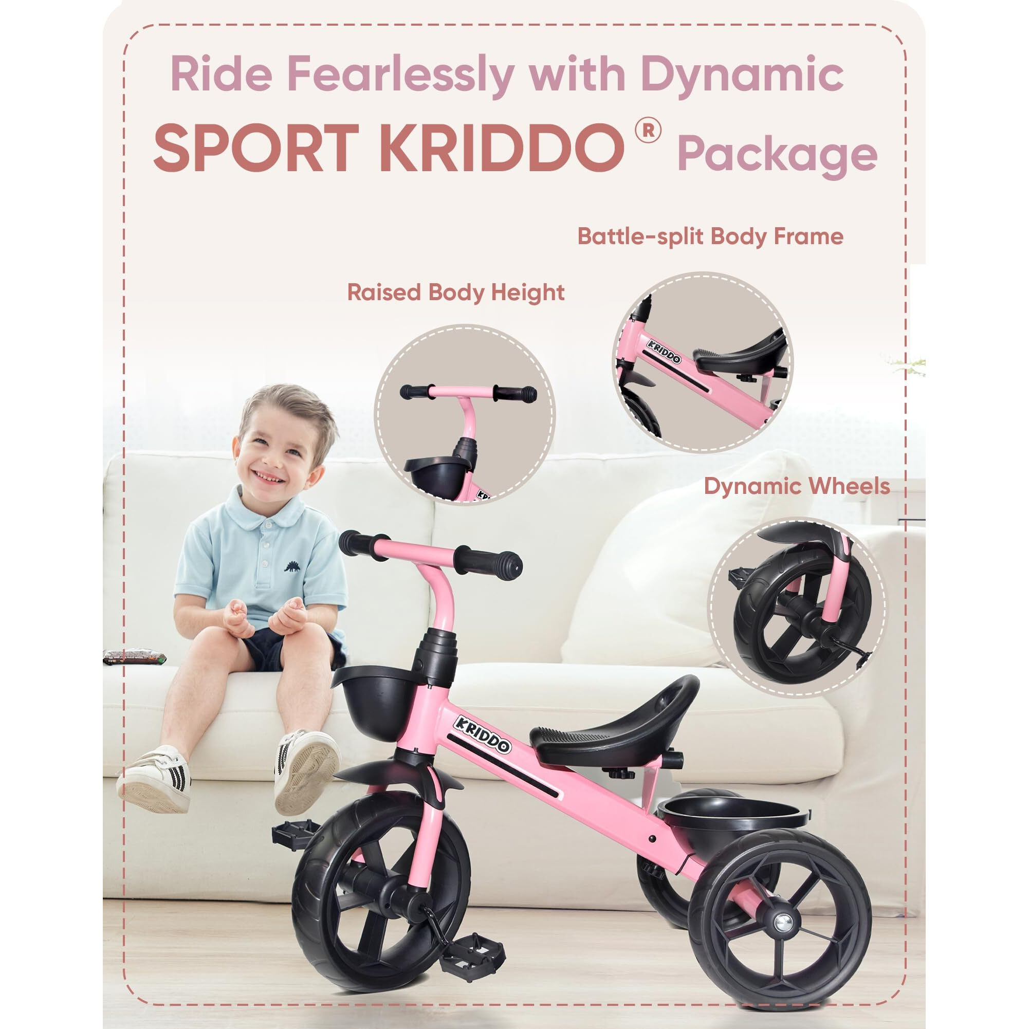 Kriddo Kids Tricycles Age 24 Month To 4 Years  Toddler Kids Trike For 2.5 To 5 Year Old  Gift Toddler Tricycles For 2-4 Year Olds  Trikes For Toddlers  Sporty Styling  Pink