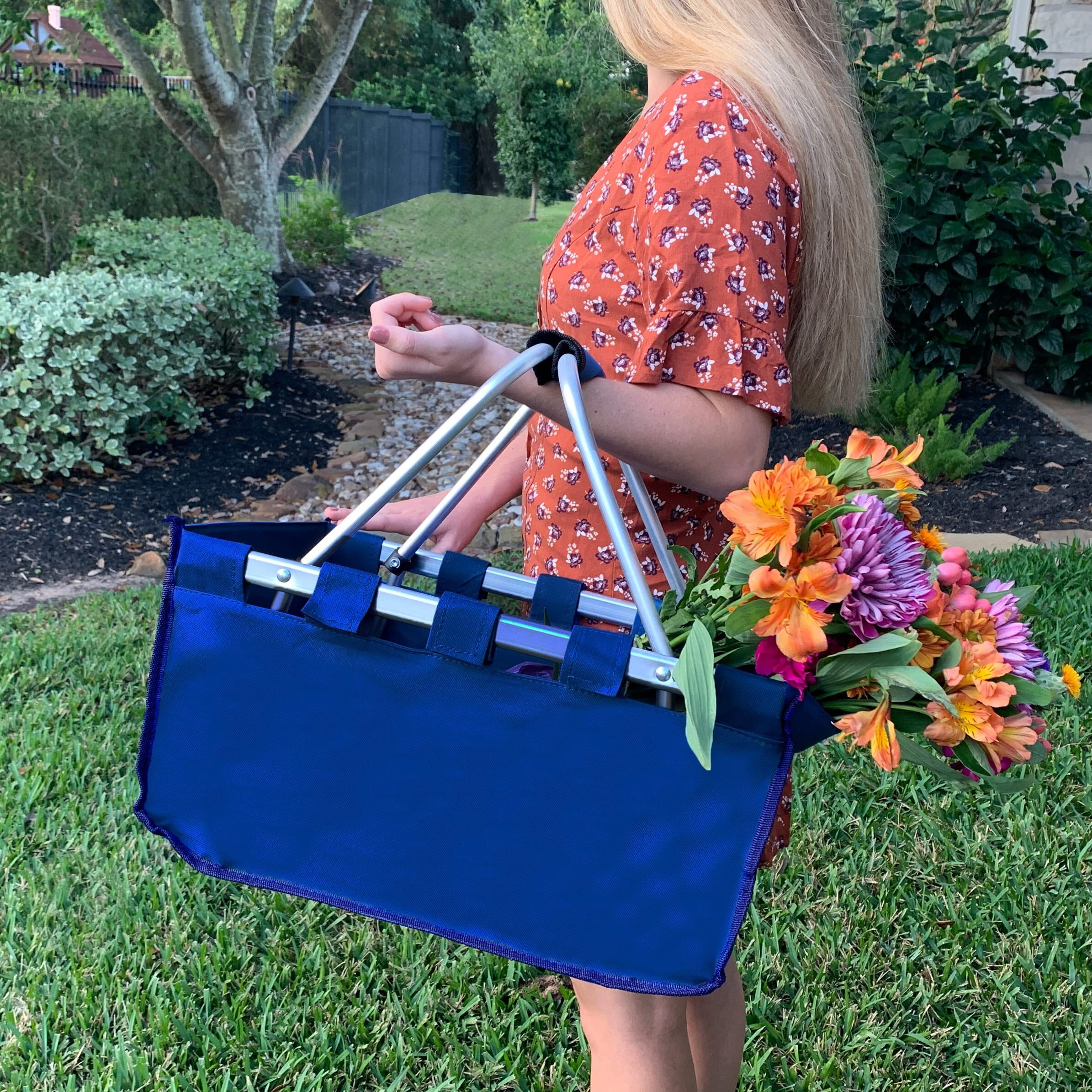 Threadart Large Collapsible Market Basket - Natural | Aluminum Frame | Polyester Fabric | Convenient Fold Flat Design |Reusable Space-Saving Shopping Tote  Gift Basket  Beach Basket  Picnic Basket