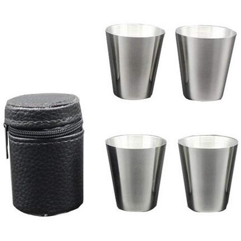 4 Pieces 30Ml (1Oz) Stainless Steel Shot Cups Shot Glass Drinking Vessel With One Black Pu-Leather Carrying Case Outdoor Camping Travel Coffee Tea Cup  Silver Cup  Black Case