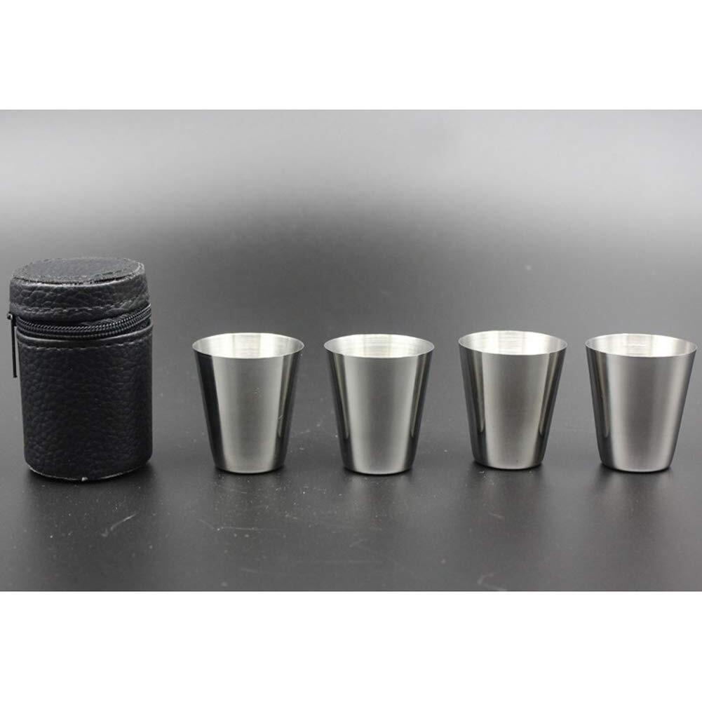 4 Pieces 30Ml (1Oz) Stainless Steel Shot Cups Shot Glass Drinking Vessel With One Black Pu-Leather Carrying Case Outdoor Camping Travel Coffee Tea Cup  Silver Cup  Black Case