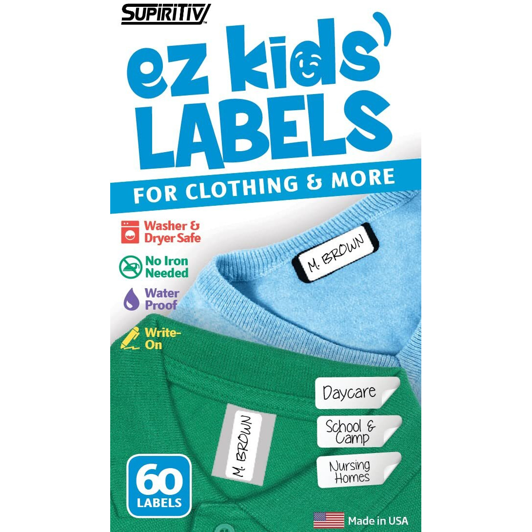 Ez Kids Clothing Labels Self-Stick No-Iron Write-On | Great For Children & Adults | Washer & Dryer Safe | School  Camp  Nursing Care  Toys  Organizing  All Purpose | 1 Sheet Of 60 Blank Labels