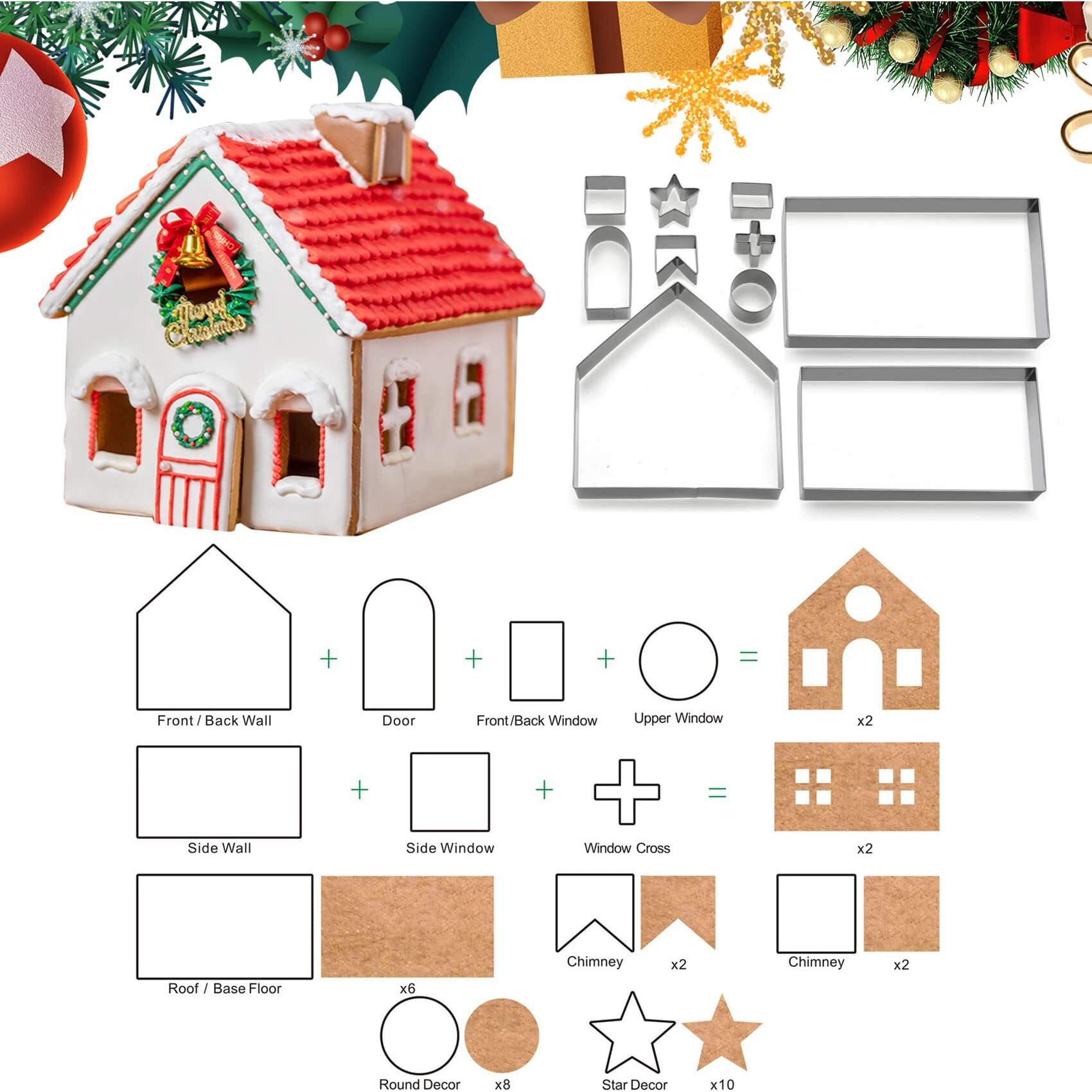 Gingerbread House Cookie Cutter Set  Gingerbread House Kit  Christmas Gingerbread Cookie Cutter For Kids Adults  Holiday Cookie Cutters Mold  3D Stainless Steel Chocolate Pastry Baking Kit Diy Tool