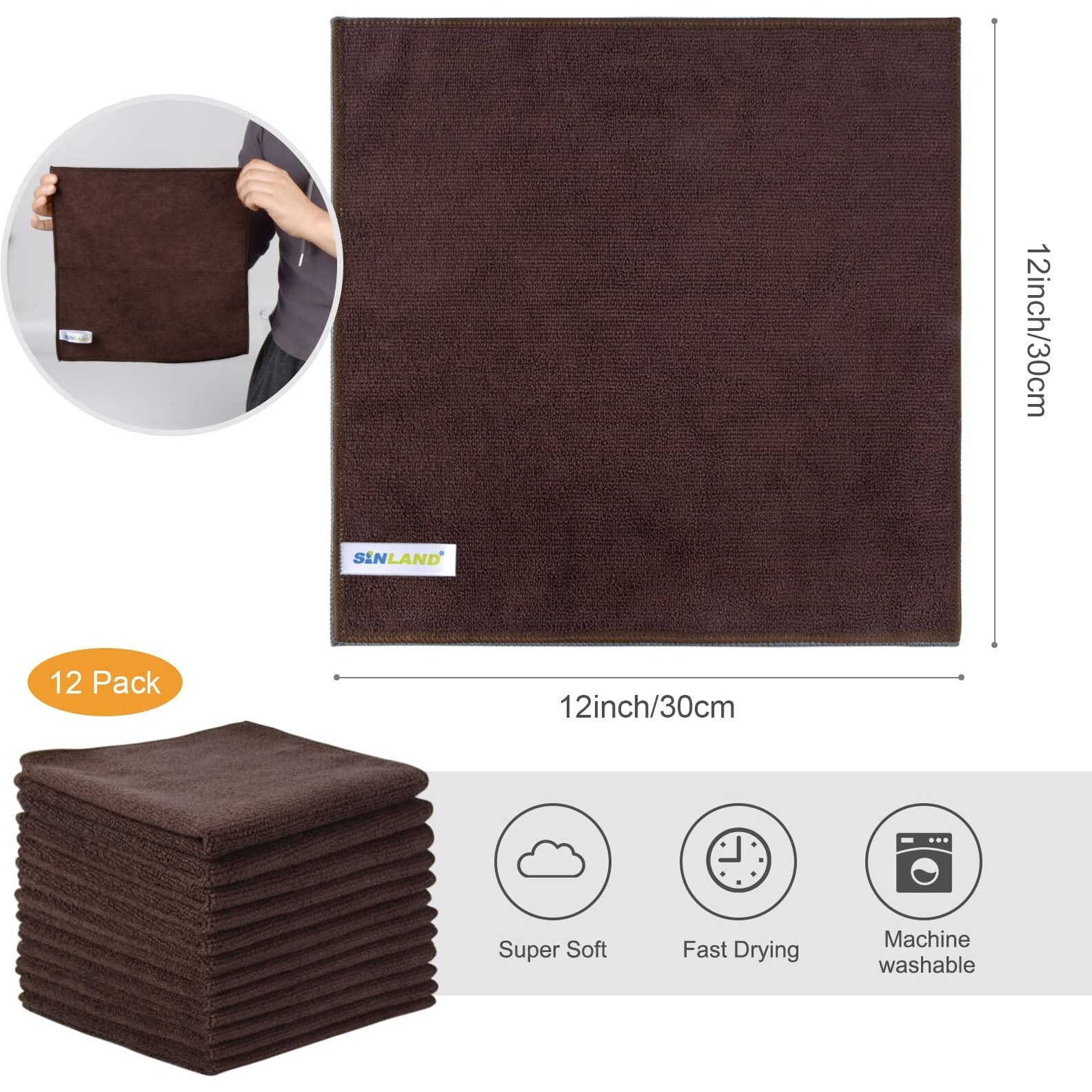 Sinland Absorbent Microfiber Dish Cloth Kitchen No Streak Cleaning Cloth Dish Rags Lens Cloths 12 Inch X 12 Inch 12 Pack Dark Brown