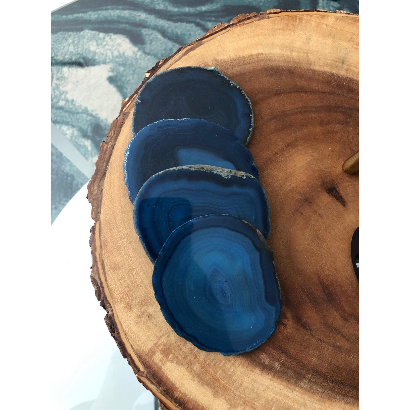 Amoystone Natural Stone Coasters Set Of 4 Blue Agate Crystal Coasters 3-3.5"" For Drinks Slice Coaster Cup Mat Beverage Mother Gift