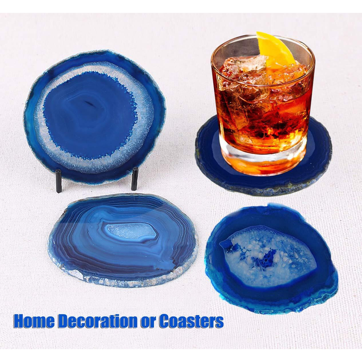 Amoystone Natural Stone Coasters Set Of 4 Blue Agate Crystal Coasters 3-3.5"" For Drinks Slice Coaster Cup Mat Beverage Mother Gift