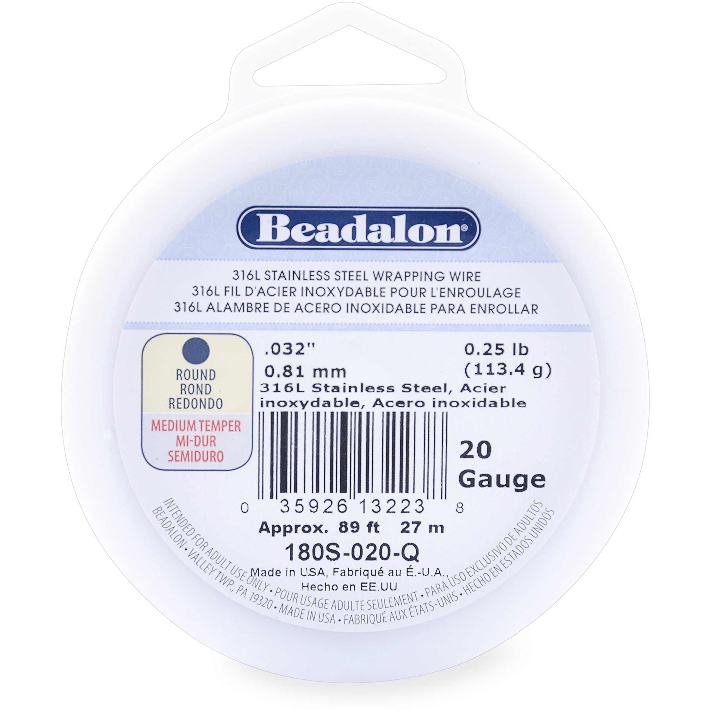 Beadalon 316L Stainless Steel Wrapping Wire  Round  20 Gauge  Round  89 Feet  1/4 Pound