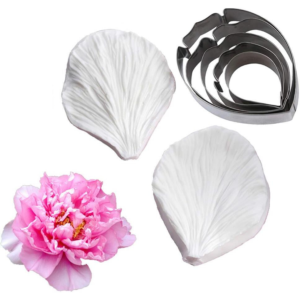 Kalaien 5Pcs Stainless Steel Peony Cutter 2Pcs Fondant Silicone Mold Gumpaste Peony Sugarcraft Flower Veining Mold Veiner Petal Making Tool
