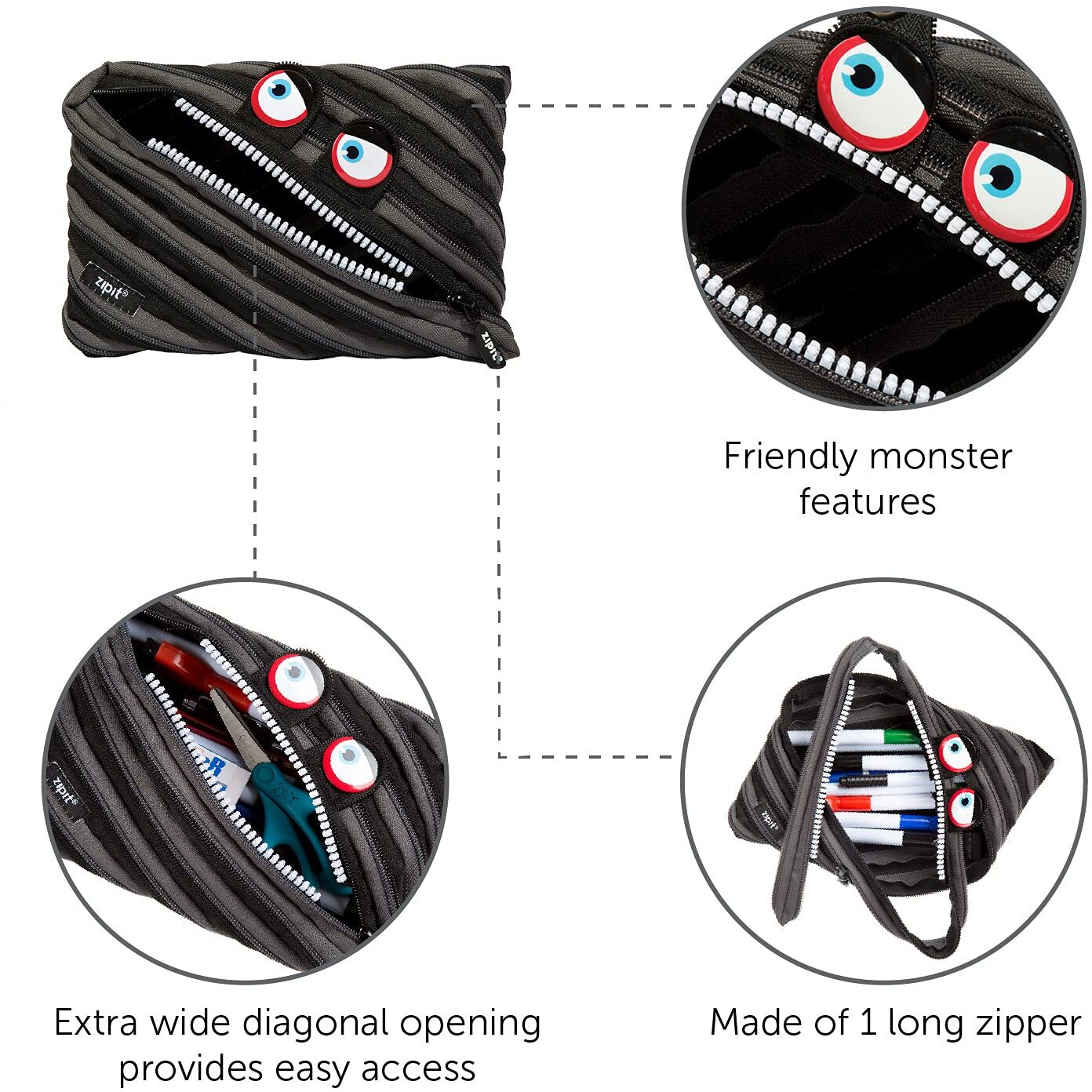 Zipit Wildlings Large Pencil Case For Kids | Pencil Pouch For School  College And Office | Pencil Bag For Boys & Girls (Black)