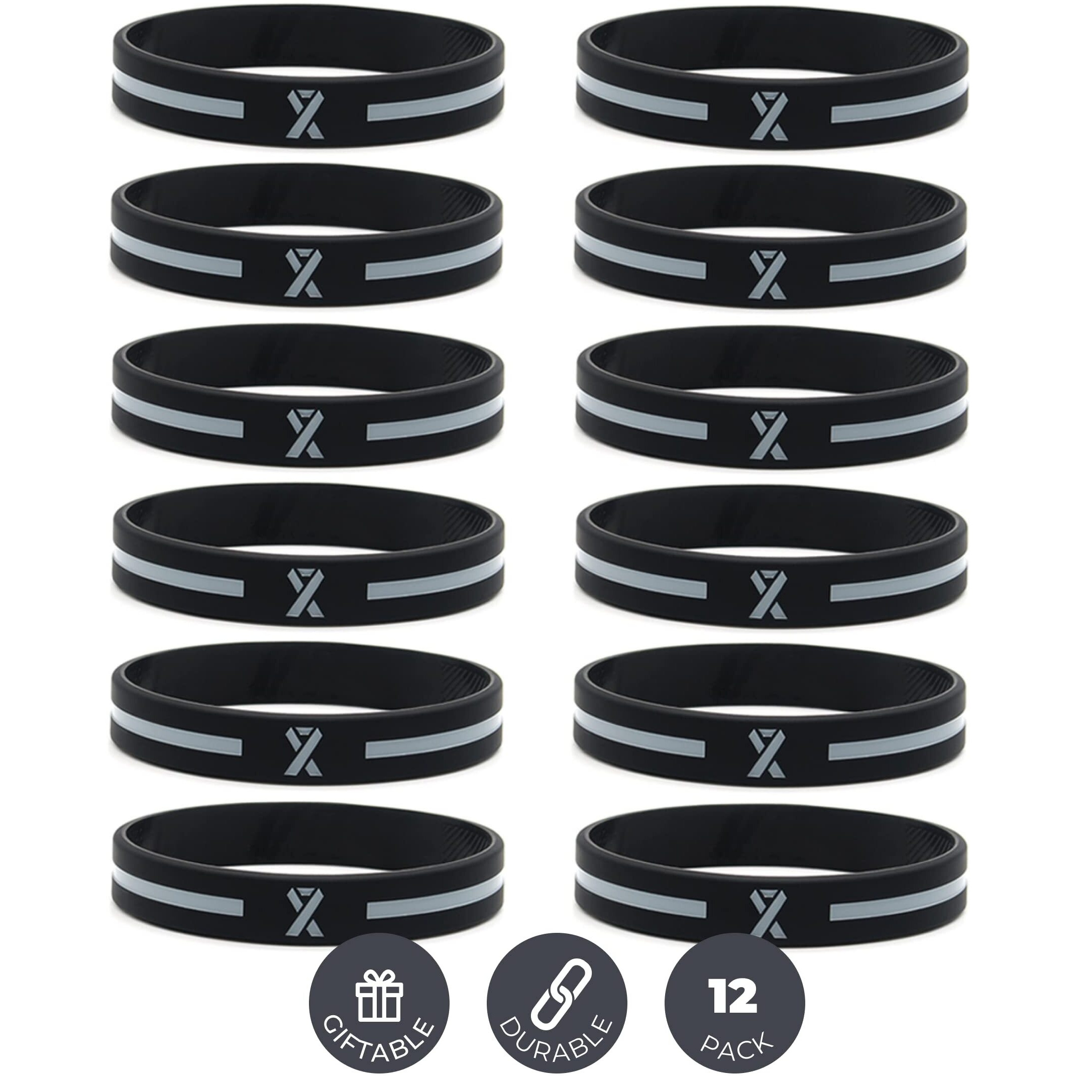 Inkstone Gray Awareness Ribbon Silicone Bracelets (12-Pack) - Wholesale Pack Of 1 Dozen Unisex Wristbands For Men Women