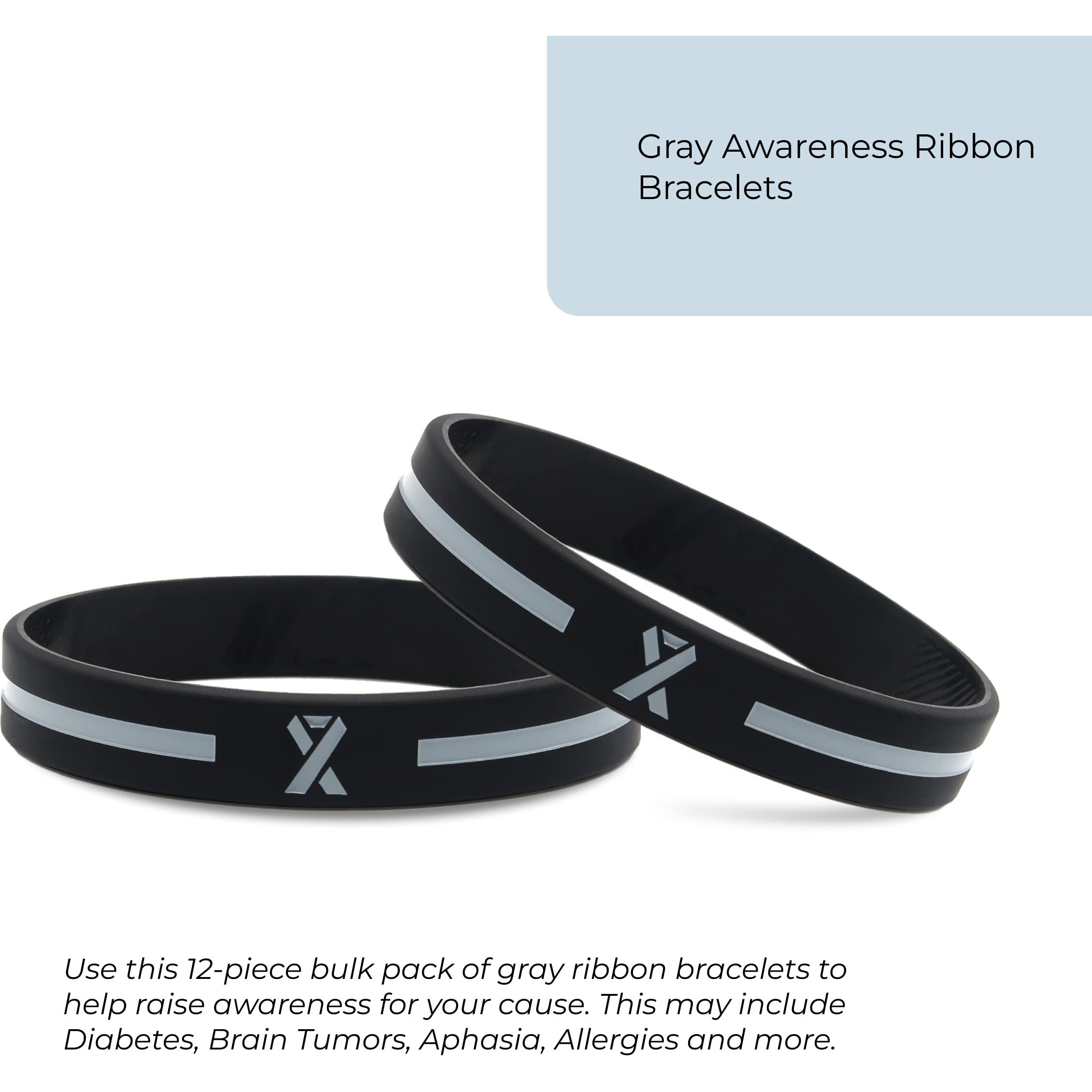 Inkstone Gray Awareness Ribbon Silicone Bracelets (12-Pack) - Wholesale Pack Of 1 Dozen Unisex Wristbands For Men Women