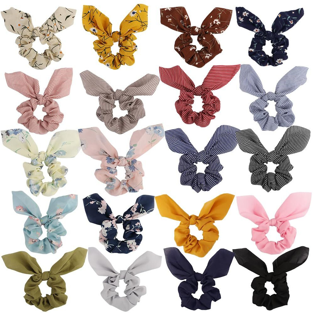 Aoprie Chiffon Hair Bunny Ear Scrunchies With Bow - 20Pcs Elegant Hair Elastics  Ponytail Holders & Soft Hair Bands