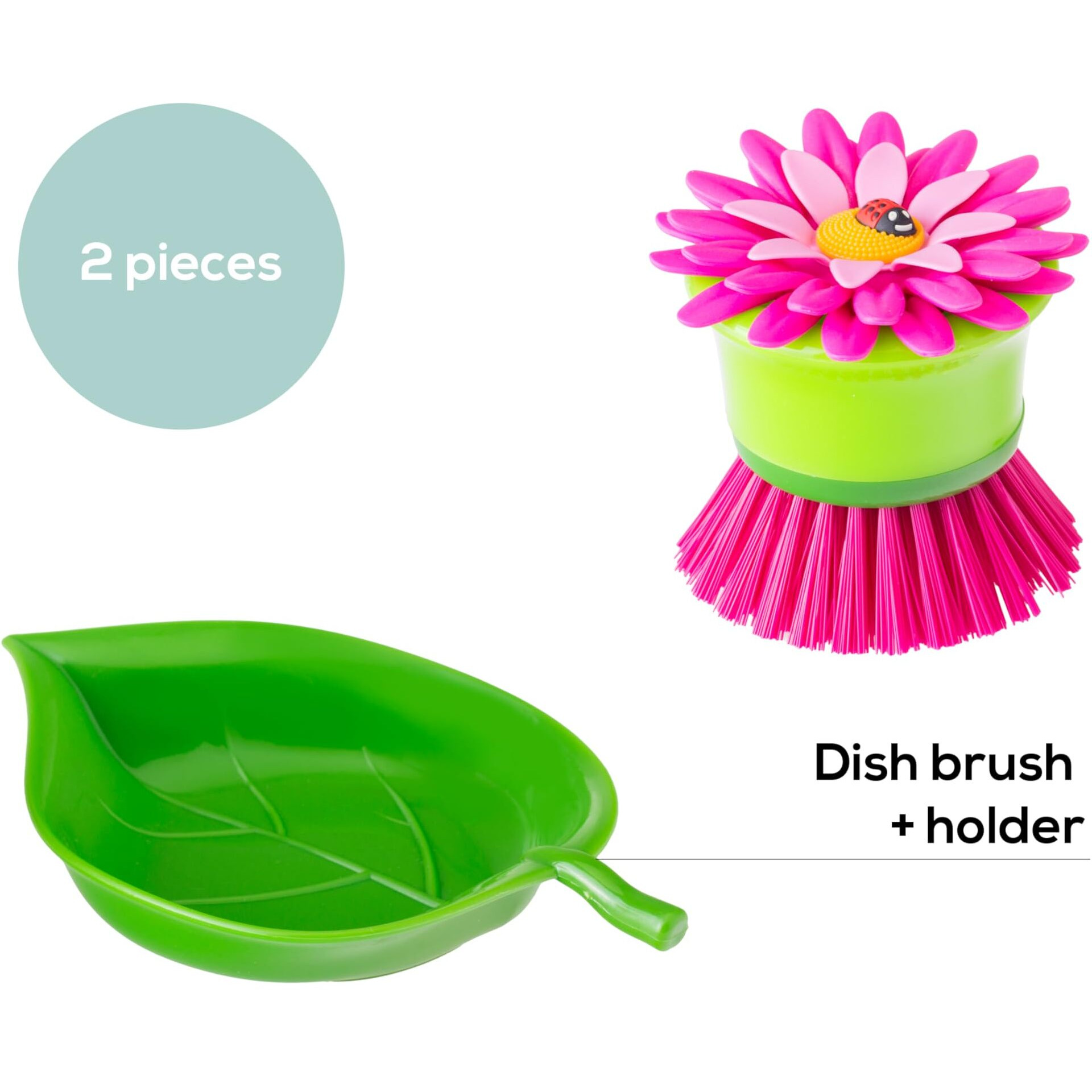 Vigar Flower Power Pink Palm Dish Brush With Holder  5-3/4-Inches By 3-3/4-Inches  Pink  Green