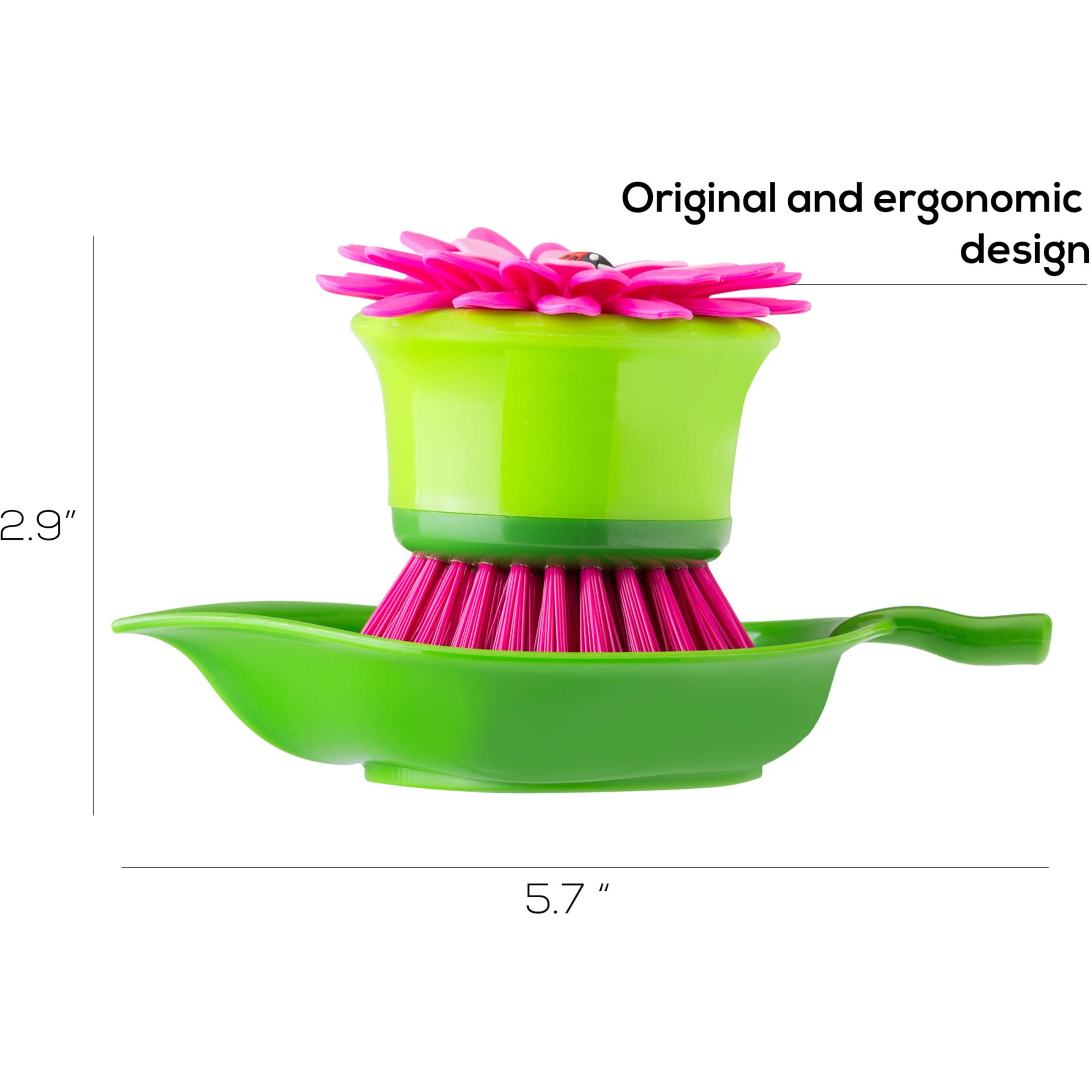Vigar Flower Power Pink Palm Dish Brush With Holder  5-3/4-Inches By 3-3/4-Inches  Pink  Green