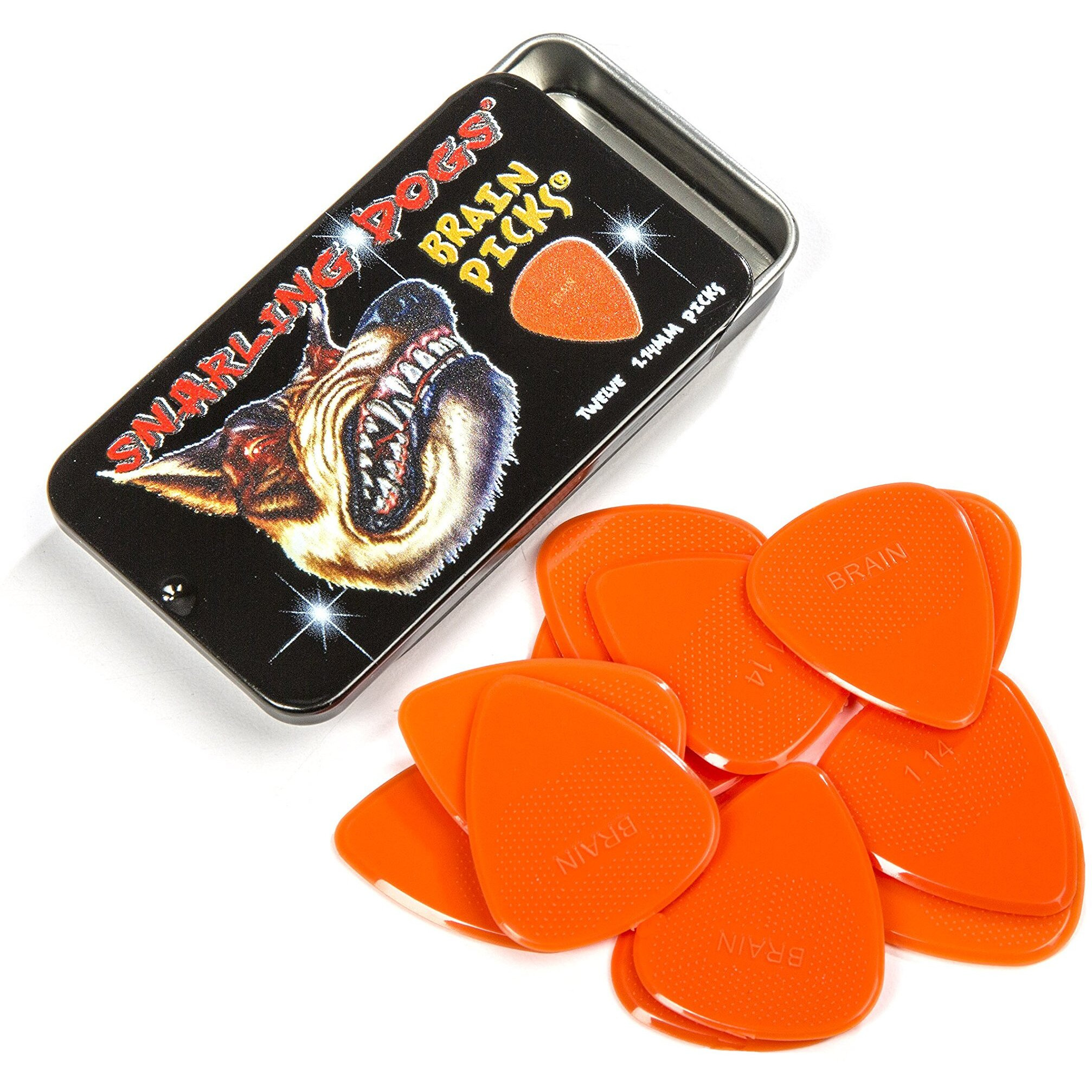 Snarling Dogs Brain Tnsdb351 1.14 Guitar Picks  12-Piece  Collectible Tin  Orange Nylon  0 1.14Mm