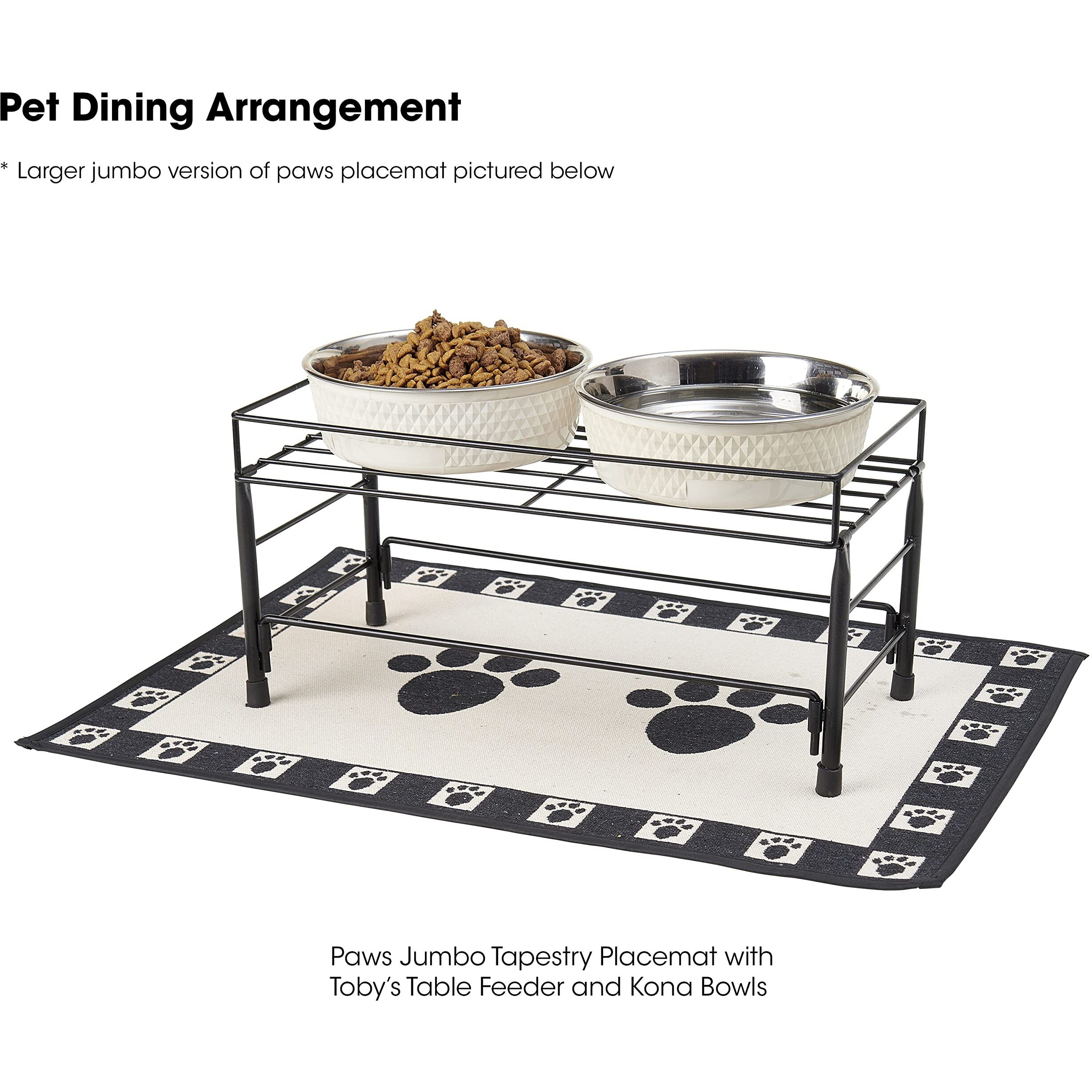 Petrageous 10209 Paws Tapestry Dog Non-Skid Machine Washable Placemat For Pet Feeding Stations With Rubber Backing 13-Inch By 19-Inch For Dogs And Cats  Black And Natural