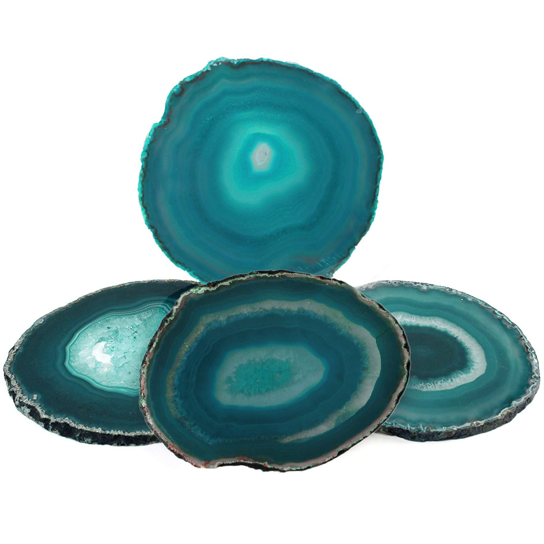 Amoystone Teal Agate Coasters Set Of 4 For Drink  Agate Slice Coaster Large 3.5-4"" Gem Stone Cup Mat For Home And Coffee Table DCor