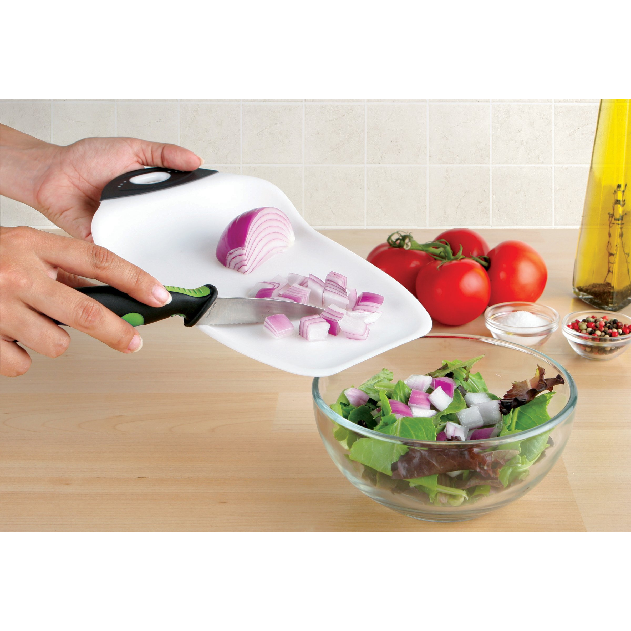 Dexas Chop & Scoop Cutting Board  Small 6.5 By 10.5 Inches  White With Black Handle