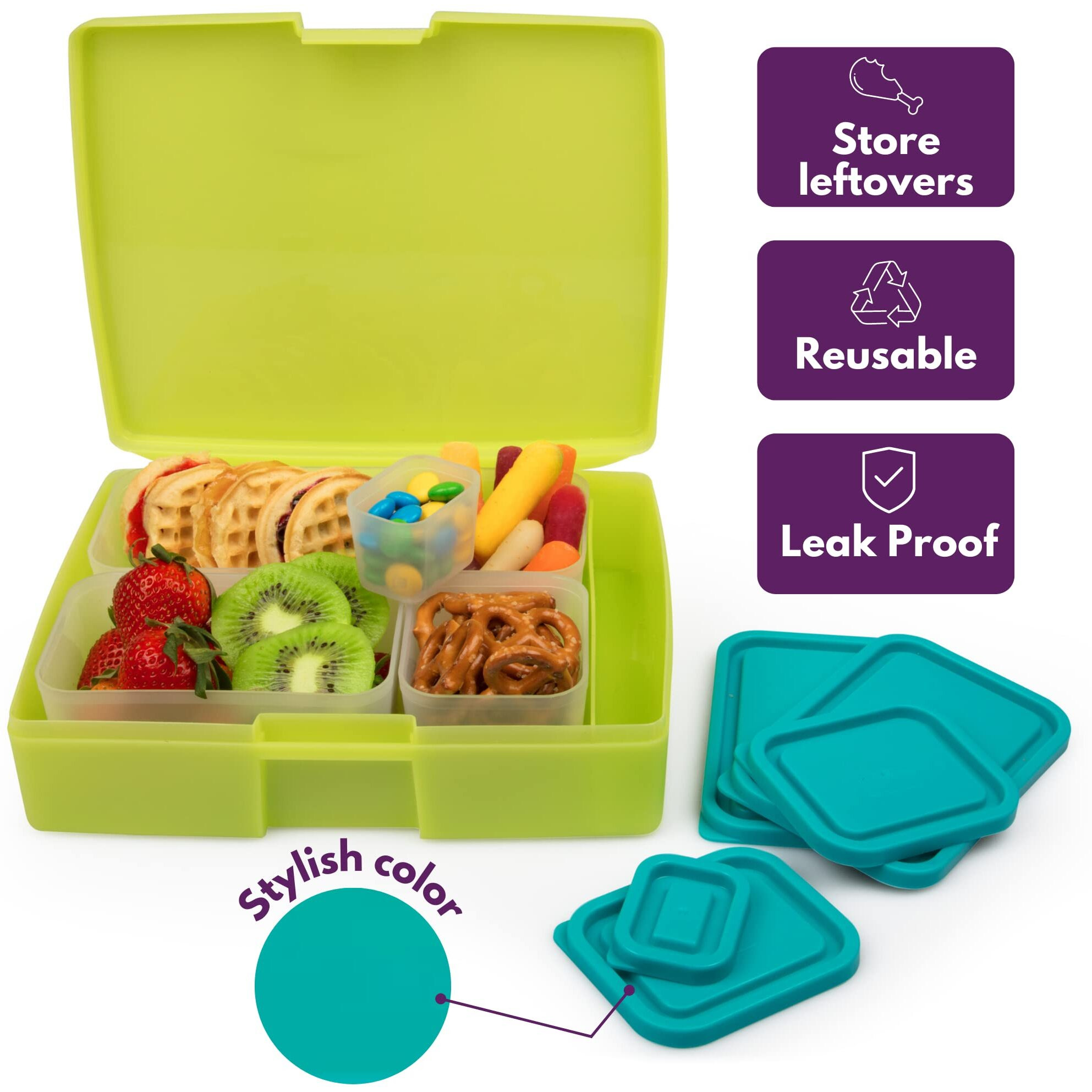 Bentologytm Green Bento Lunch Box Set W 5 Removable Nesting Containers- Adapt Inner Compartment Portion Sizes-Meal Prep Snack Holders For Back To School  Leakproof Durable & Bpa Free- Dishwasher Safe