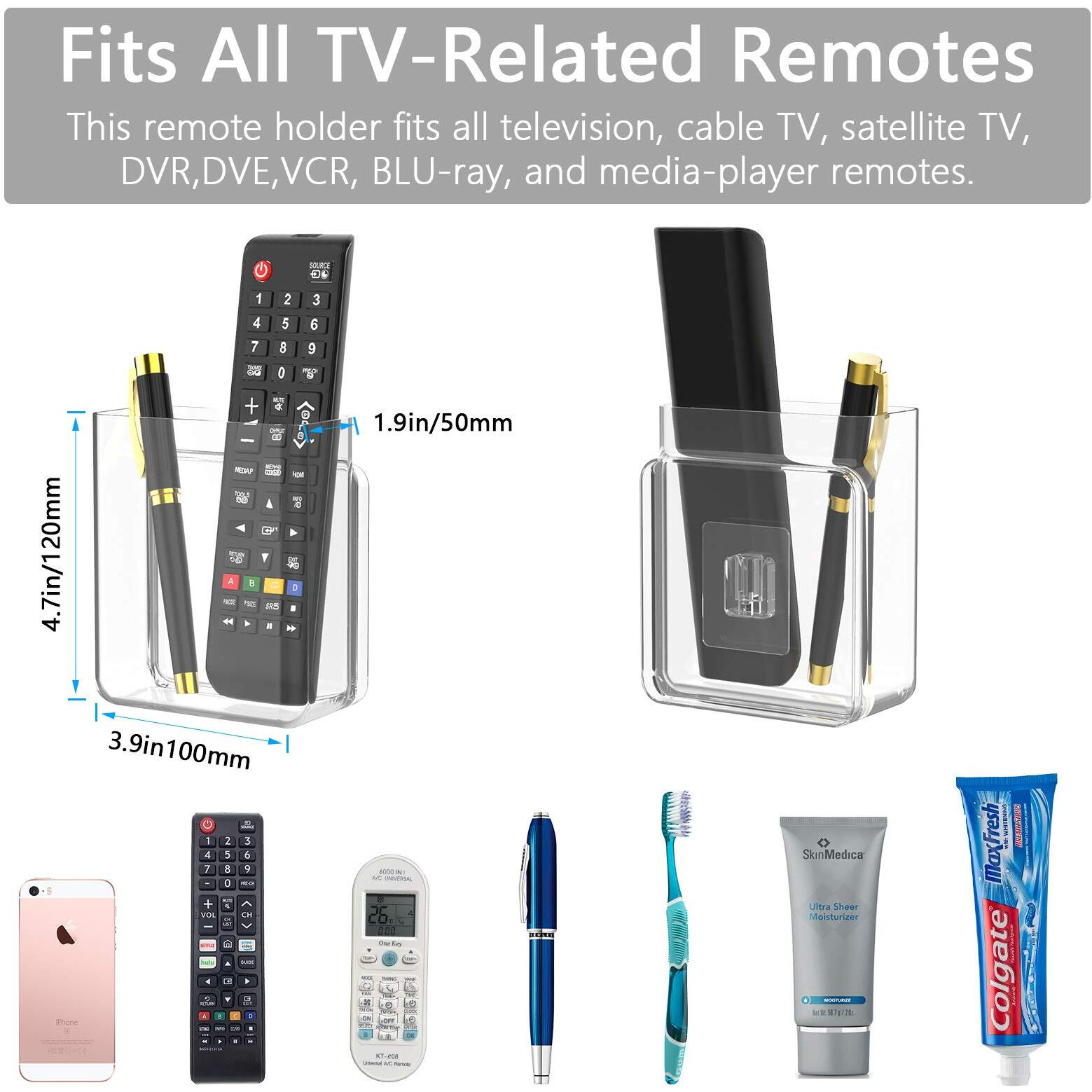 Yocice Wall Mount Remote Control Holder Smart Phone Station Storage Organizer Box- Clear Rch1