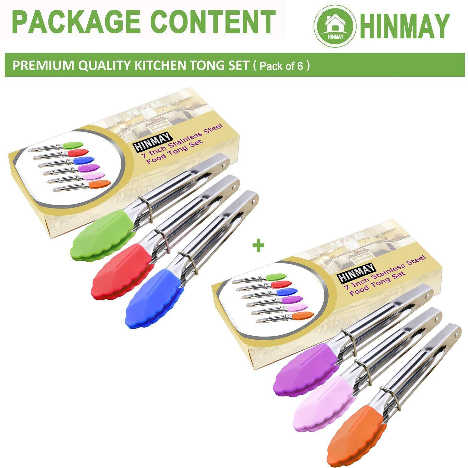 Hinmay Colorful Mini Tongs Set 7-Inch Silicone Tongs With Sliding Rings  Set Of 6 (Green Red Blue Purple Pink Orange)