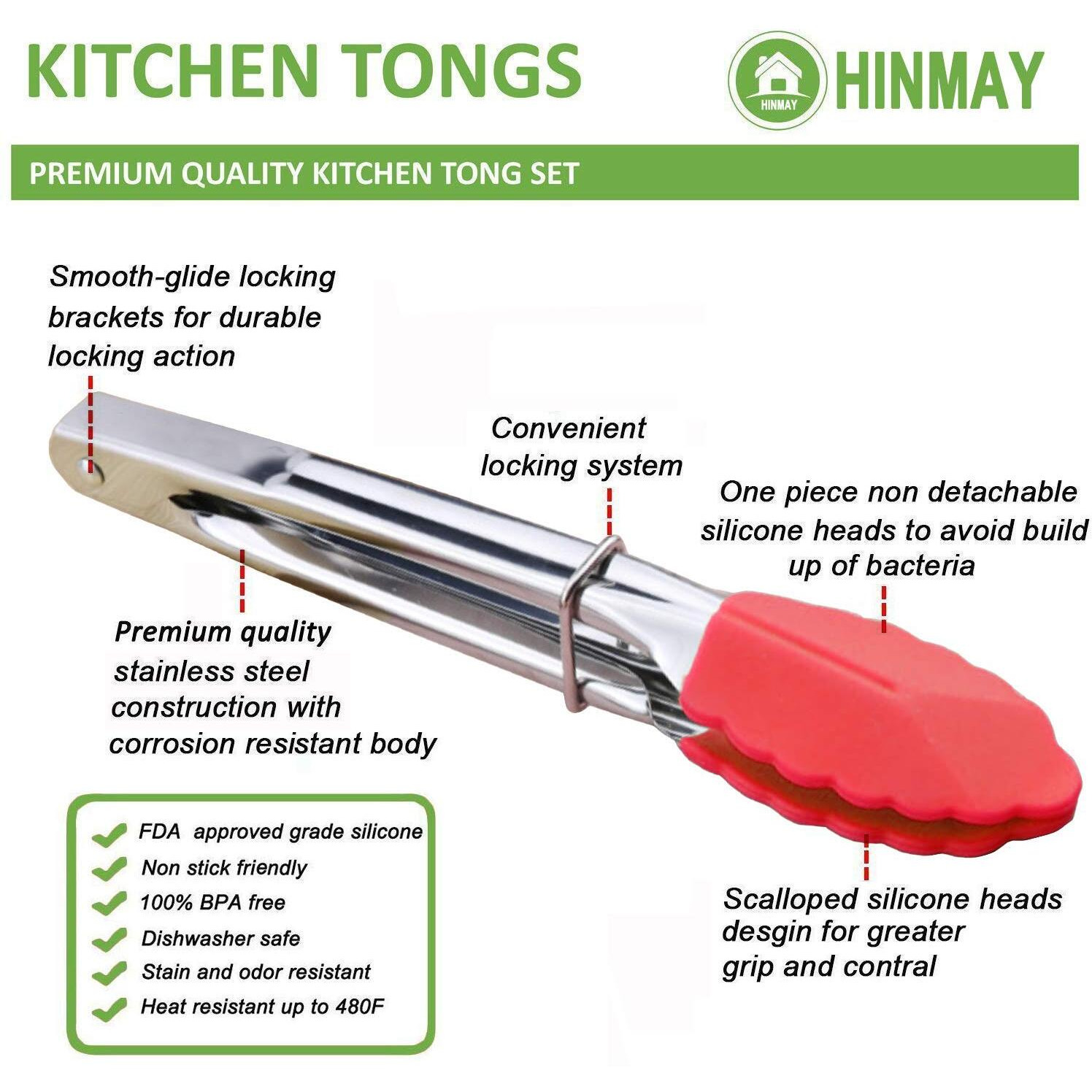 Hinmay Colorful Mini Tongs Set 7-Inch Silicone Tongs With Sliding Rings  Set Of 6 (Green Red Blue Purple Pink Orange)