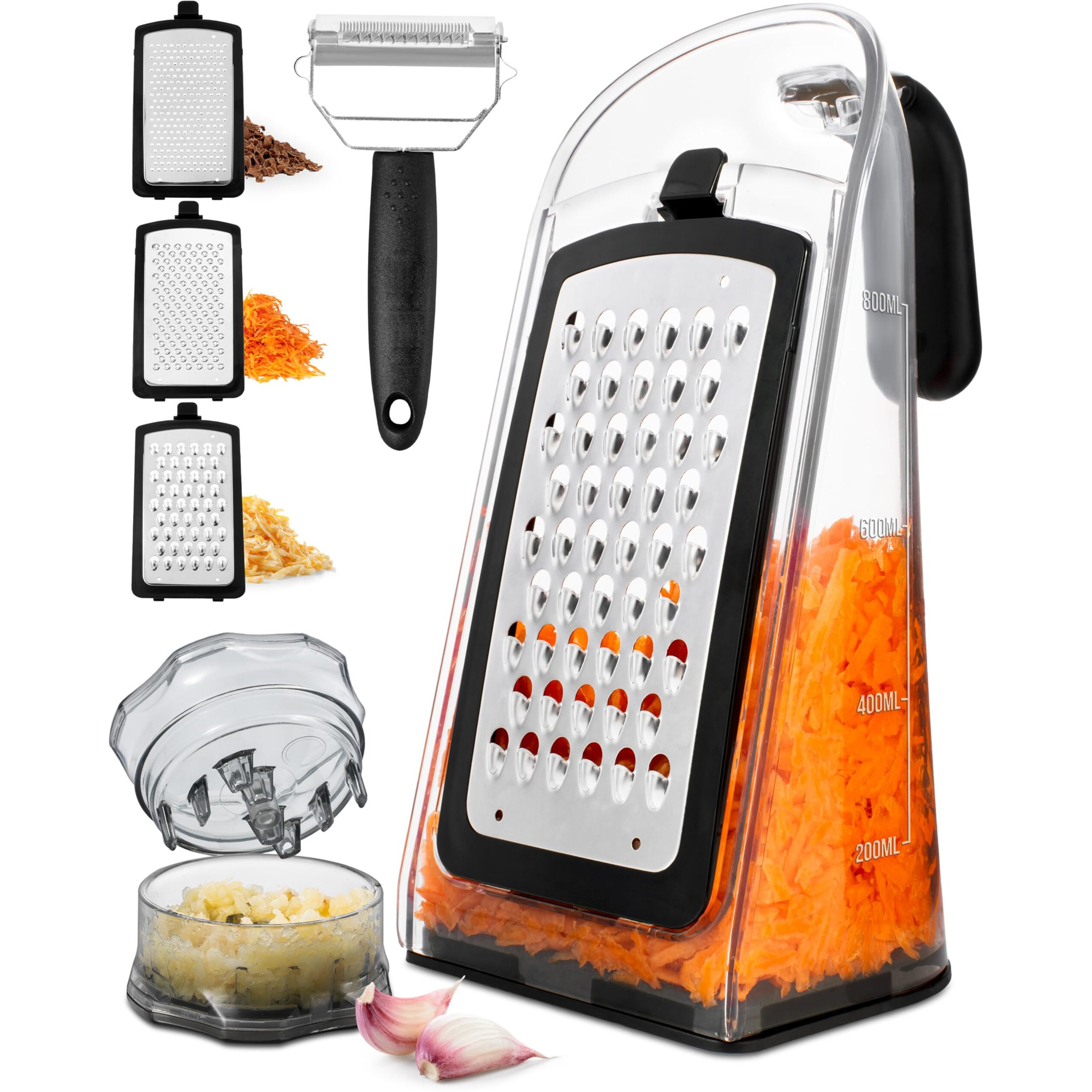 Cheese Grater With Garlic Crusher - Box Grater Cheese Shredder - Cheese Grater With Handle - Graters For Kitchen Stainless Steel Food Grater - Garlic Mincer Tool And Vegetable Peeler