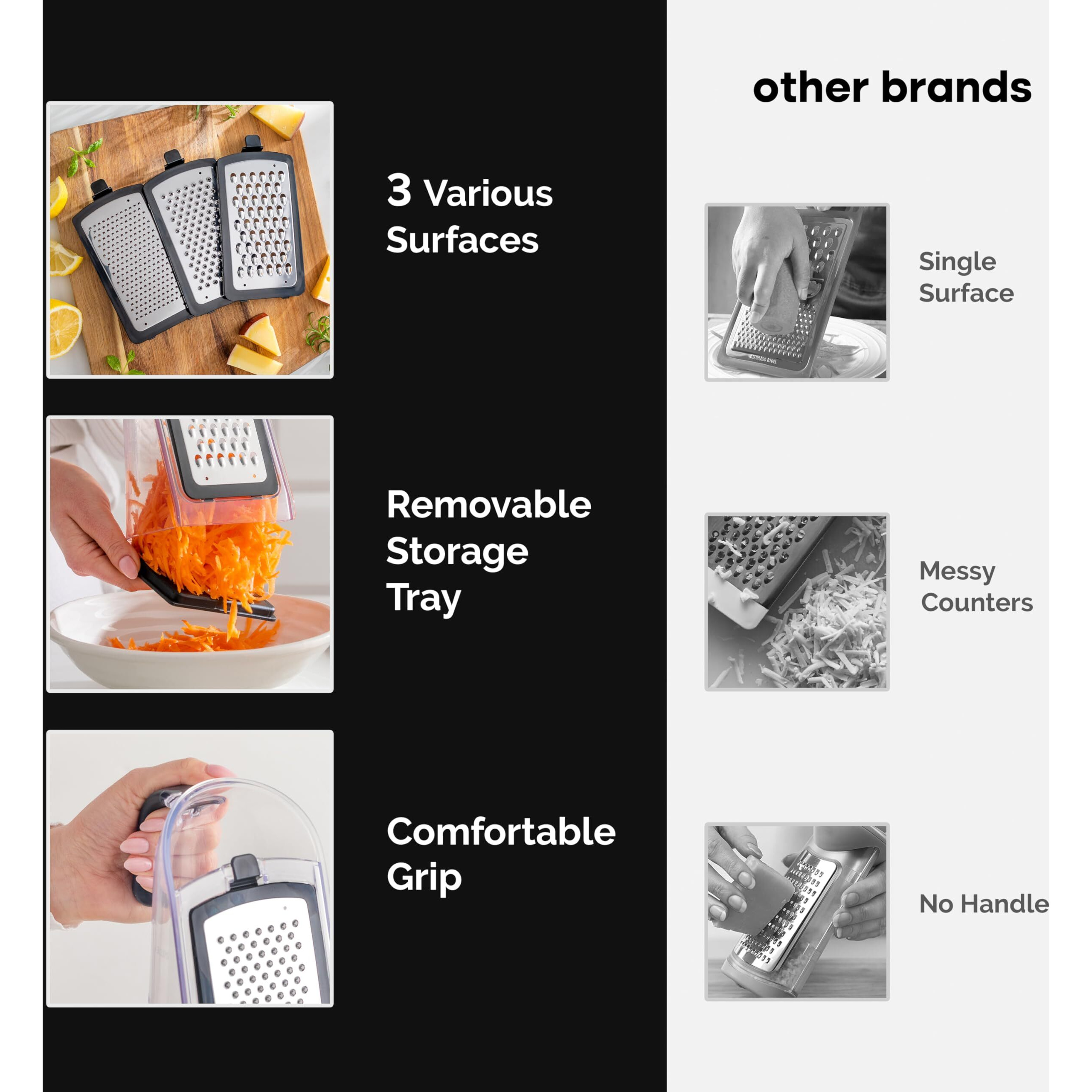 Cheese Grater With Garlic Crusher - Box Grater Cheese Shredder - Cheese Grater With Handle - Graters For Kitchen Stainless Steel Food Grater - Garlic Mincer Tool And Vegetable Peeler