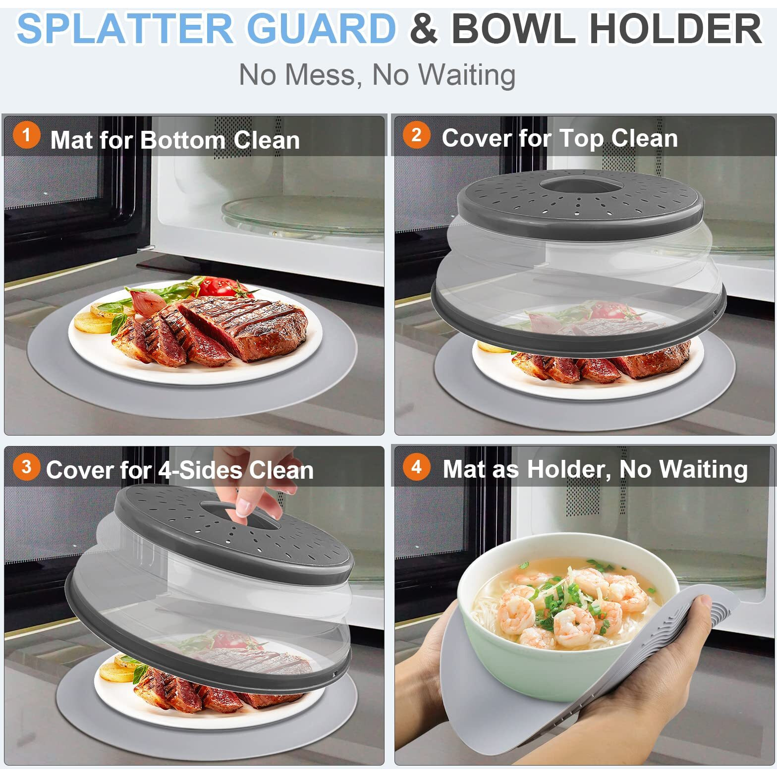 Lekdrok 10 Inch Microwave Food Cover & Collapsible Silicone Mat - Splatter Guard  Plate Holder & Kitchen Colander For Meal Prep  Charcoal