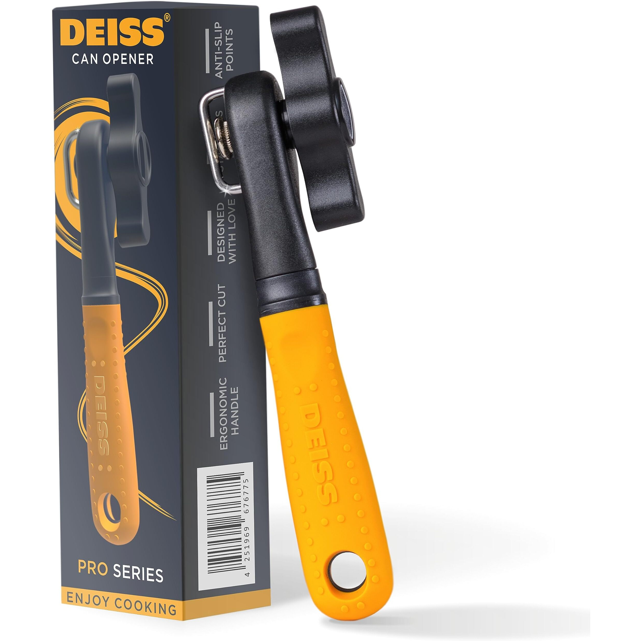 Deiss Pro Heavy Duty Can Opener Manual Smooth Edge  Handheld Can Opener With Soft Touch Handle  Rust Proof Safety Can Opener Oversized Handheld Easy Turn Knob  Best Large Lid Openers (Orange)