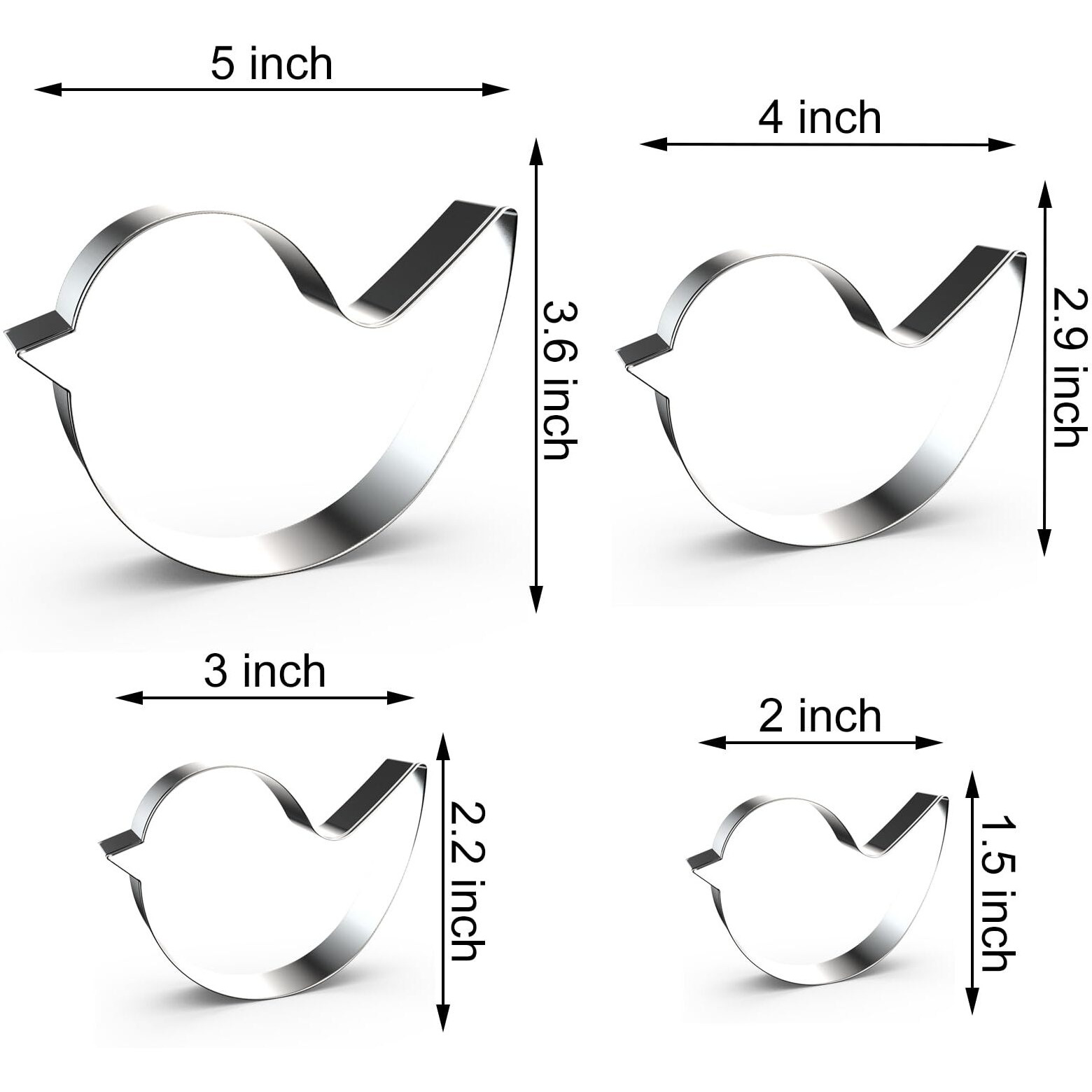 Bird Cookie Cutter Set - 5 Inch  4 Inch  3 Inch  2 Inch - 4 Piece - Stainelss Steel