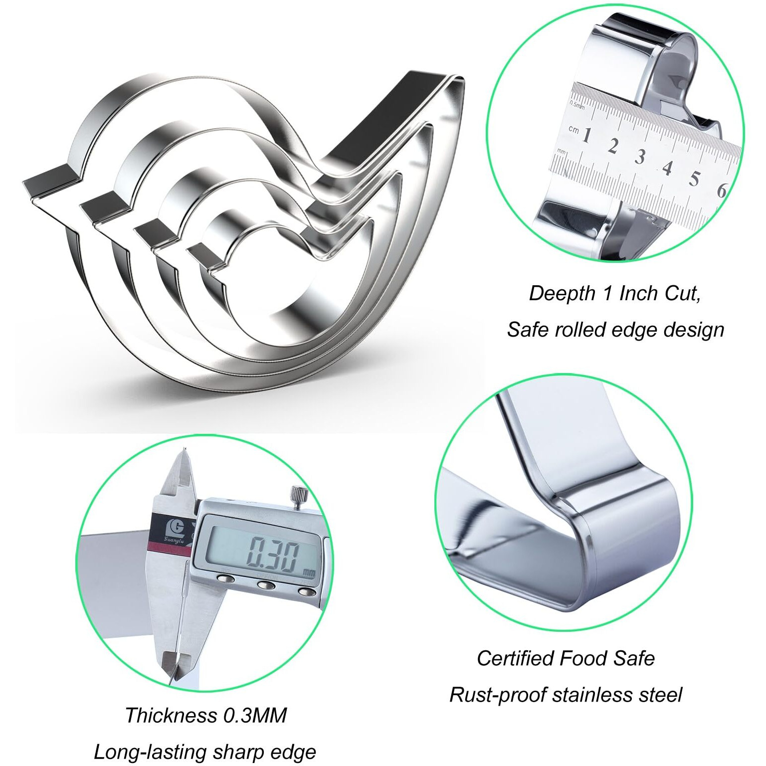 Bird Cookie Cutter Set - 5 Inch  4 Inch  3 Inch  2 Inch - 4 Piece - Stainelss Steel
