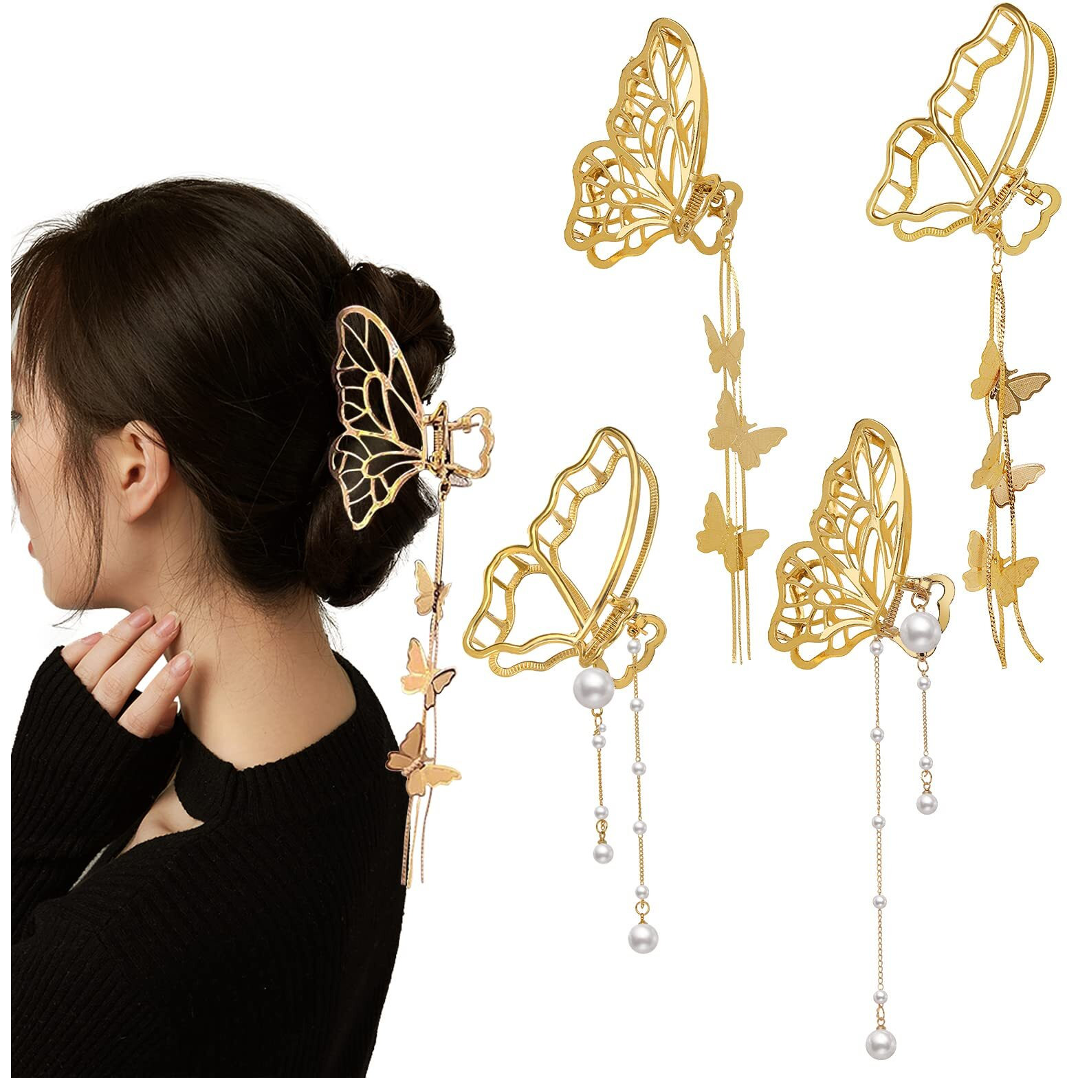 4 Pack Metal Big Gold Butterfly Hair Clips Clamp Tassel Nonslip Claw Hair Accessories For Women Girls For Thinner Thick Styling Fashion Hair Supplies